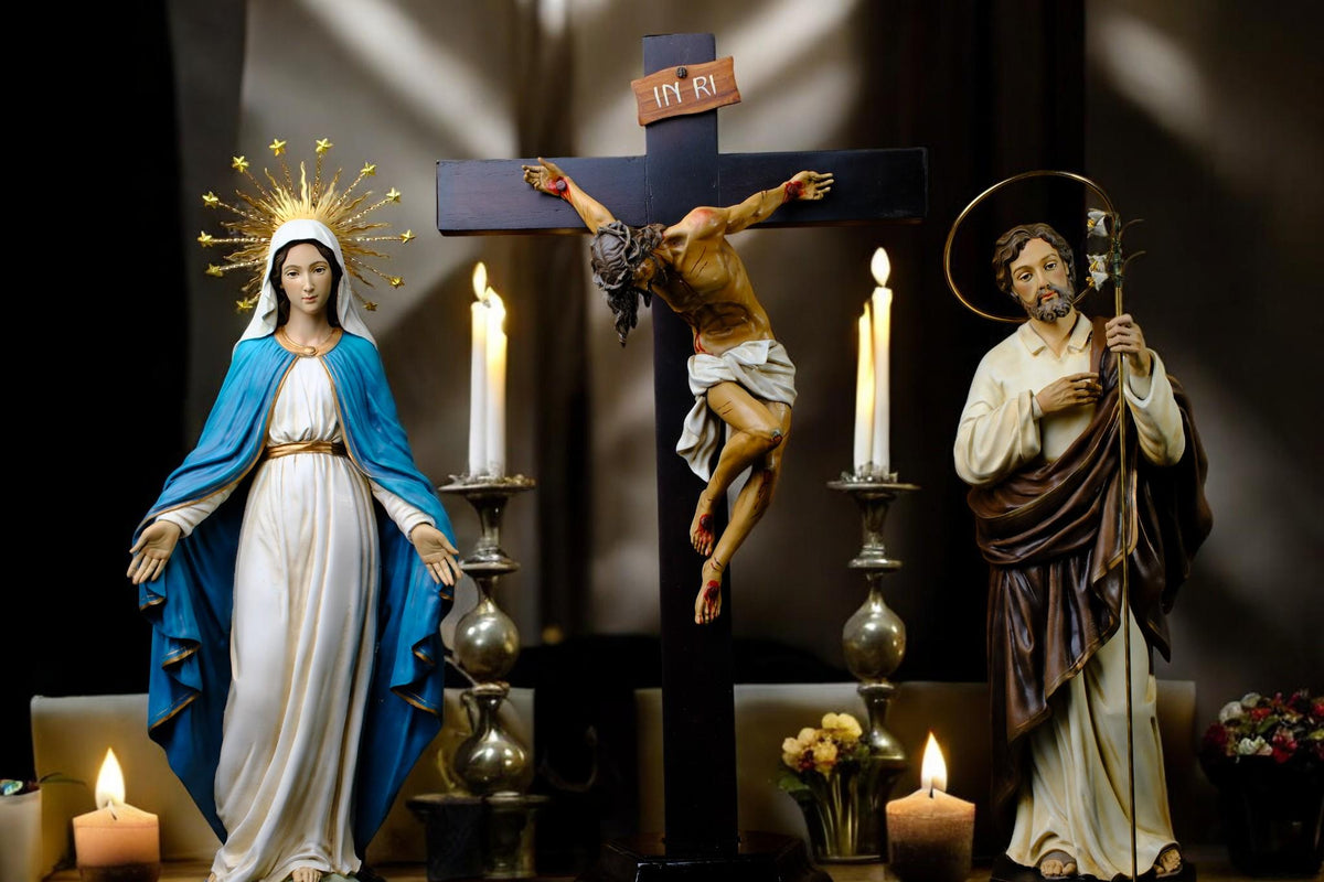 Catholic Altar Statue Set | Hand-Painted Crucifix, Virgin Mary, St Joseph __etsy:7429940843