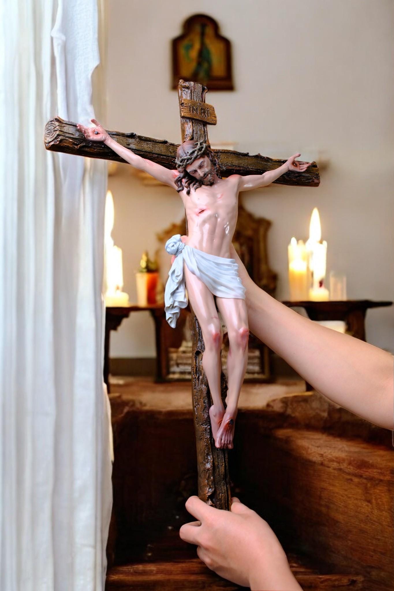 Hand-Painted Jesus Crucifix | Handmade Catholic Wall Cross (65x44cm) __etsy:7461373967