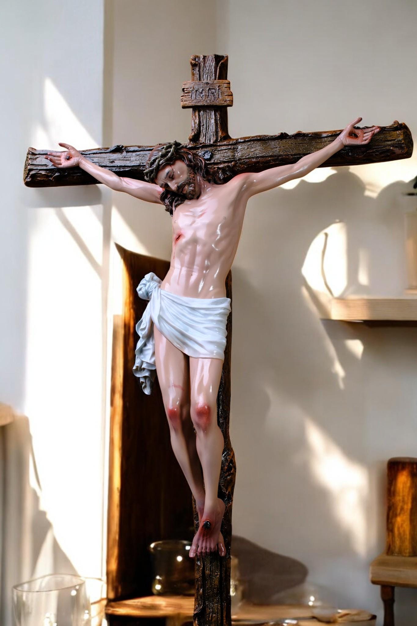 Hand-Painted Jesus Crucifix | Handmade Catholic Wall Cross (65x44cm) __etsy:7461373975