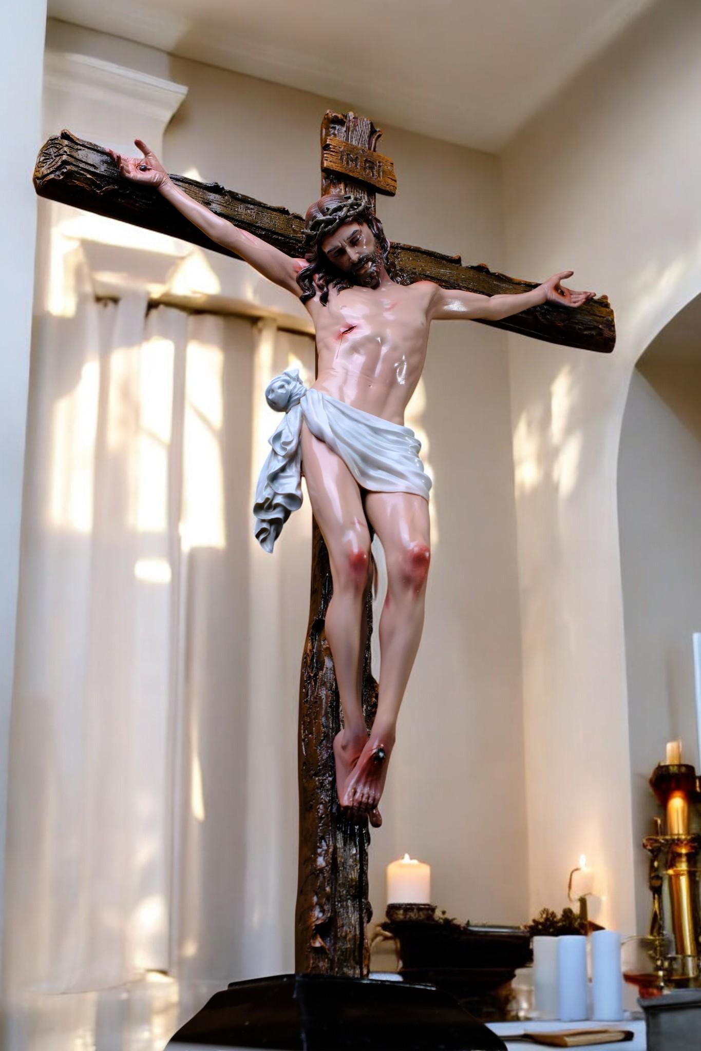Hand-Painted Jesus Crucifix | Handmade Catholic Wall Cross (65x44cm) __etsy:7461373979
