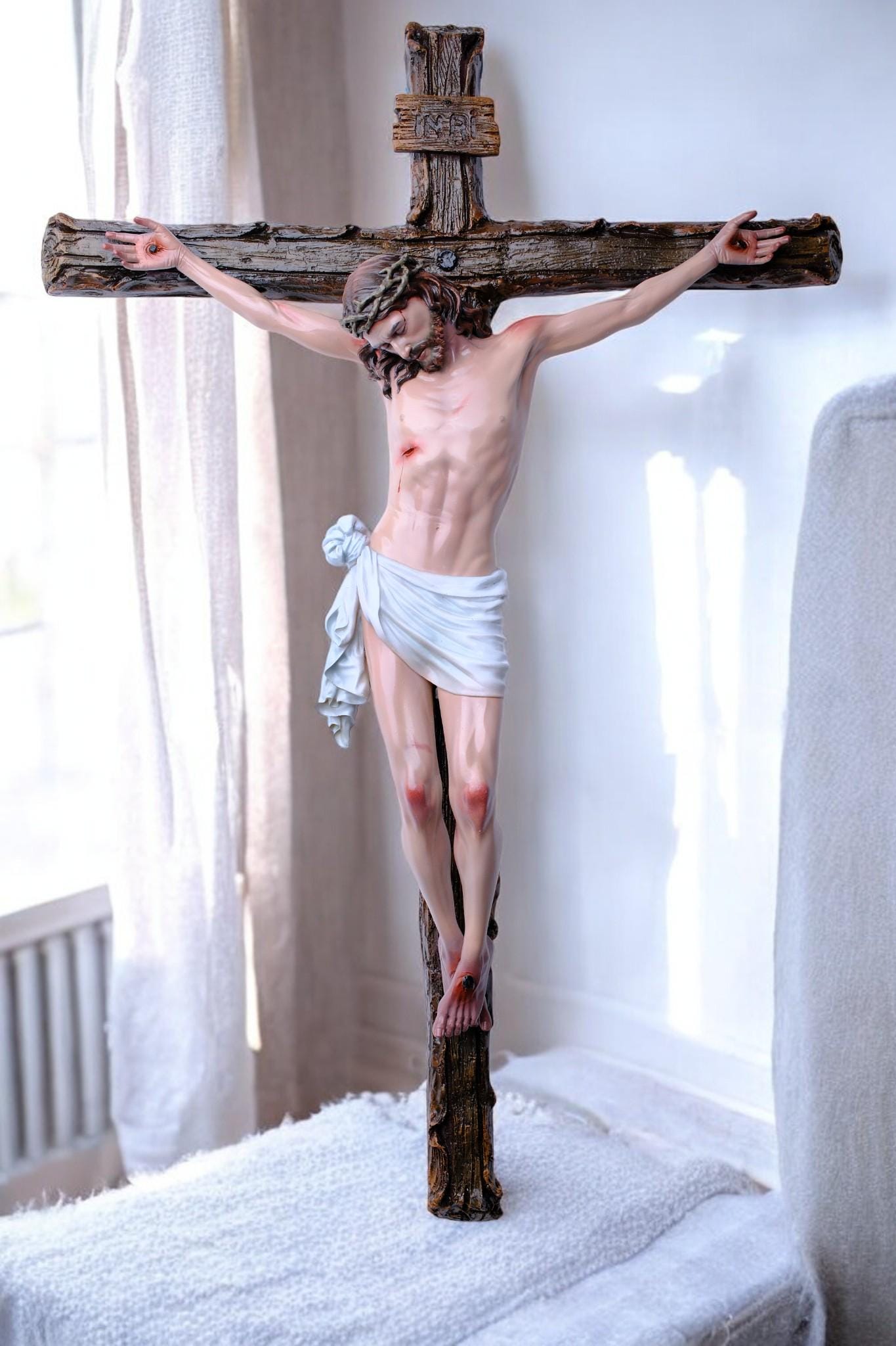 Hand-Painted Jesus Crucifix Statue: Stone Resin Antique Finish INRI Cross (etsy image id: 7461413711)