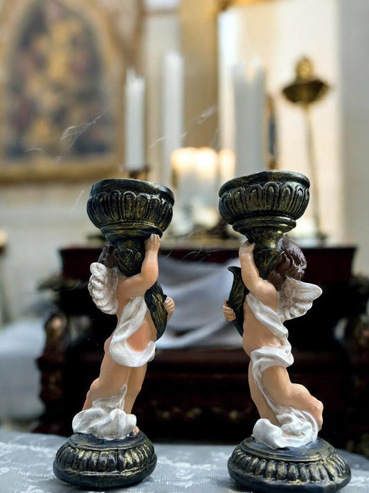 Handmade Angel Candle Holder Set | Hand-Painted Catholic Decor (15cm)