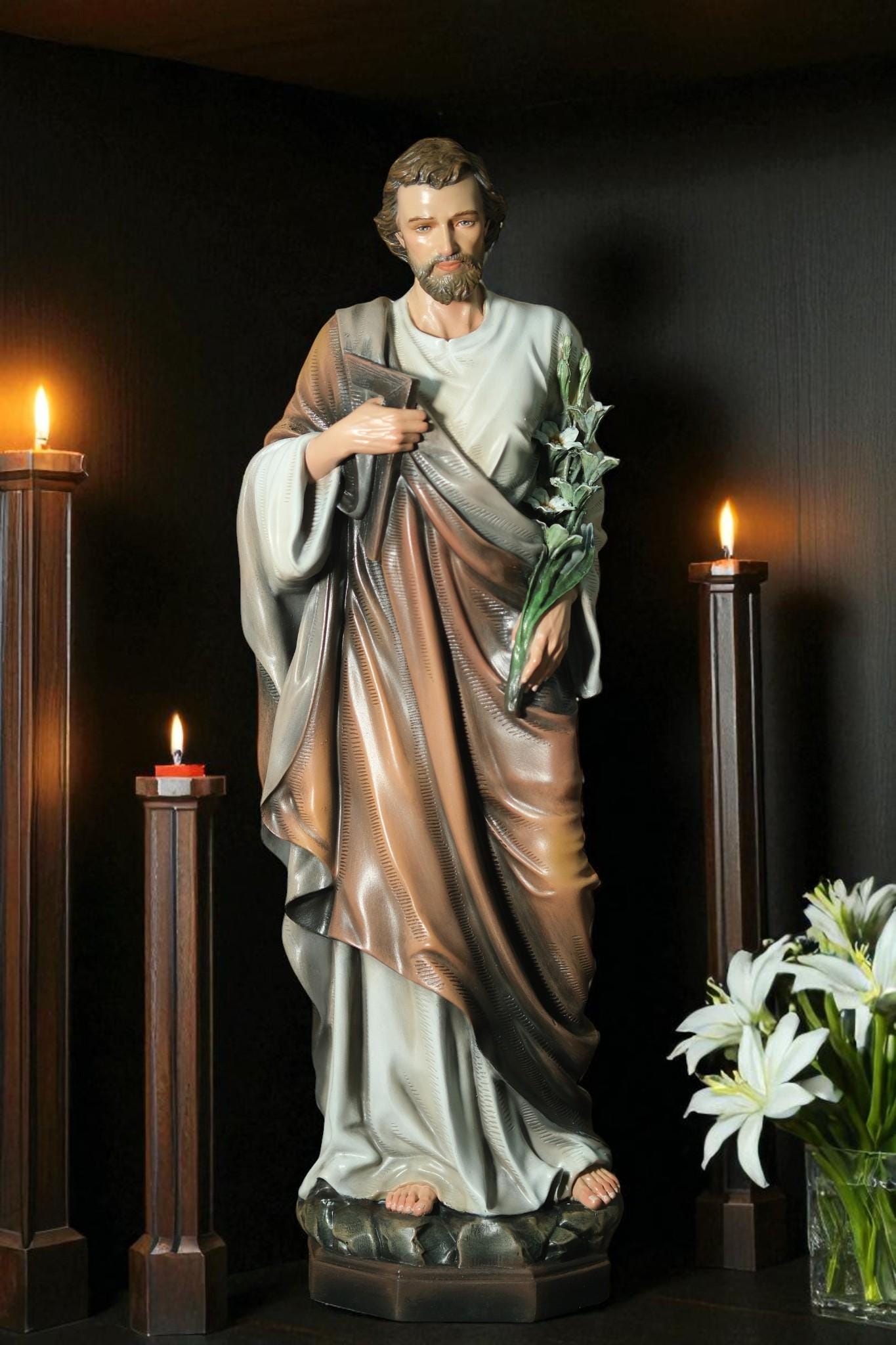 Hand-Painted Saint Joseph Statue with Lily: Antique Stone-Resin Figurine (43 cm) __etsy:7469706083
