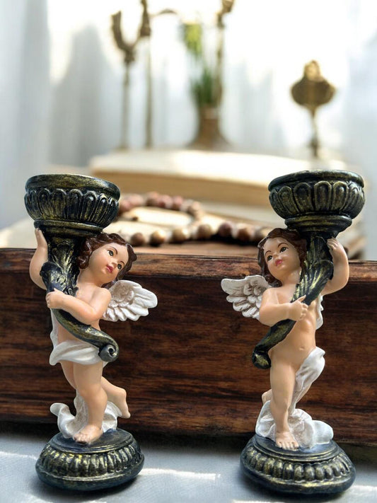 Handmade Angel Candle Holder Set | Hand-Painted Catholic Decor (15cm)