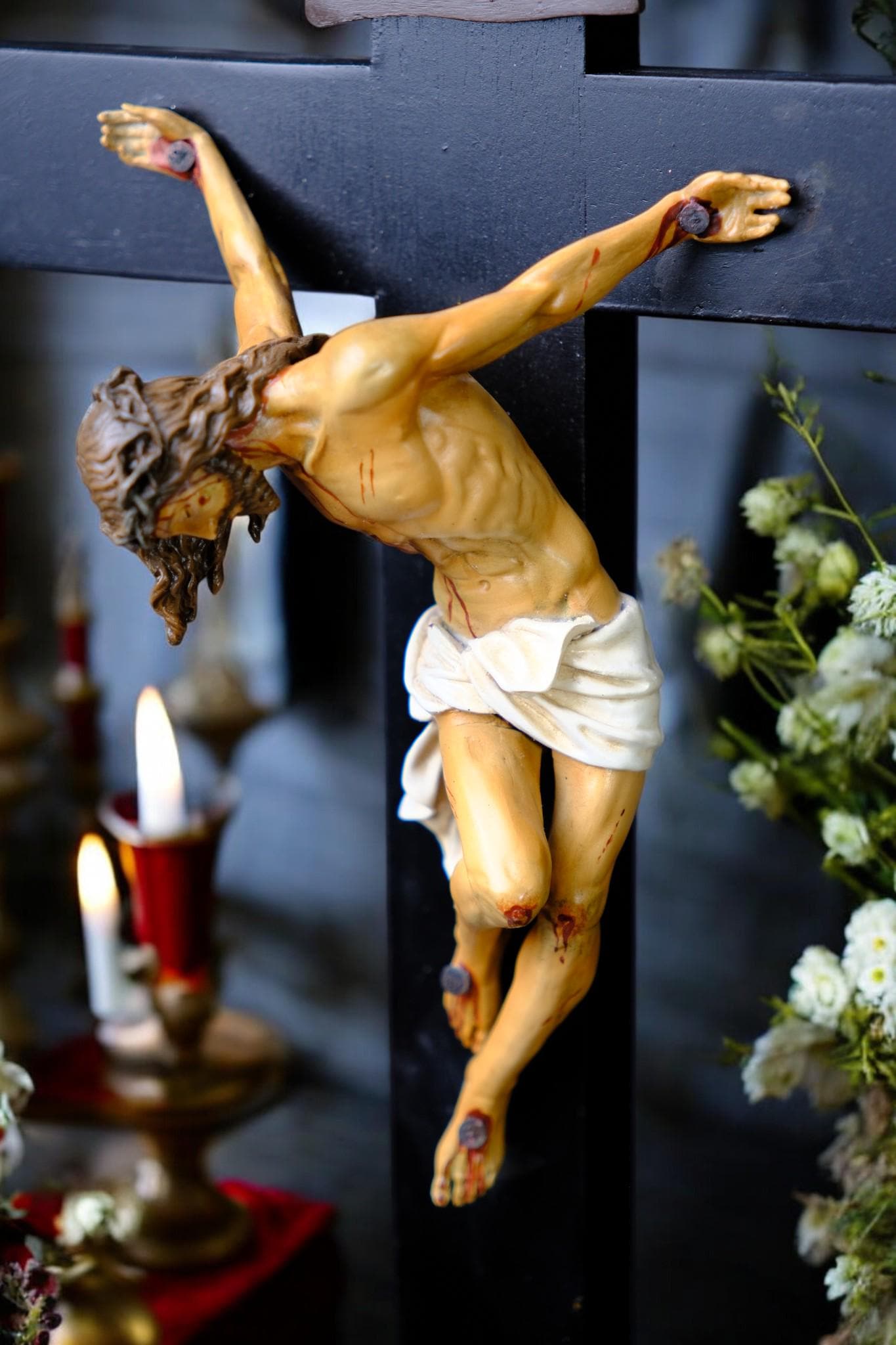 Hand-Painted Altar Crucifix: Wood Cross with Stone Resin Corpus (etsy image id: 7543598360)