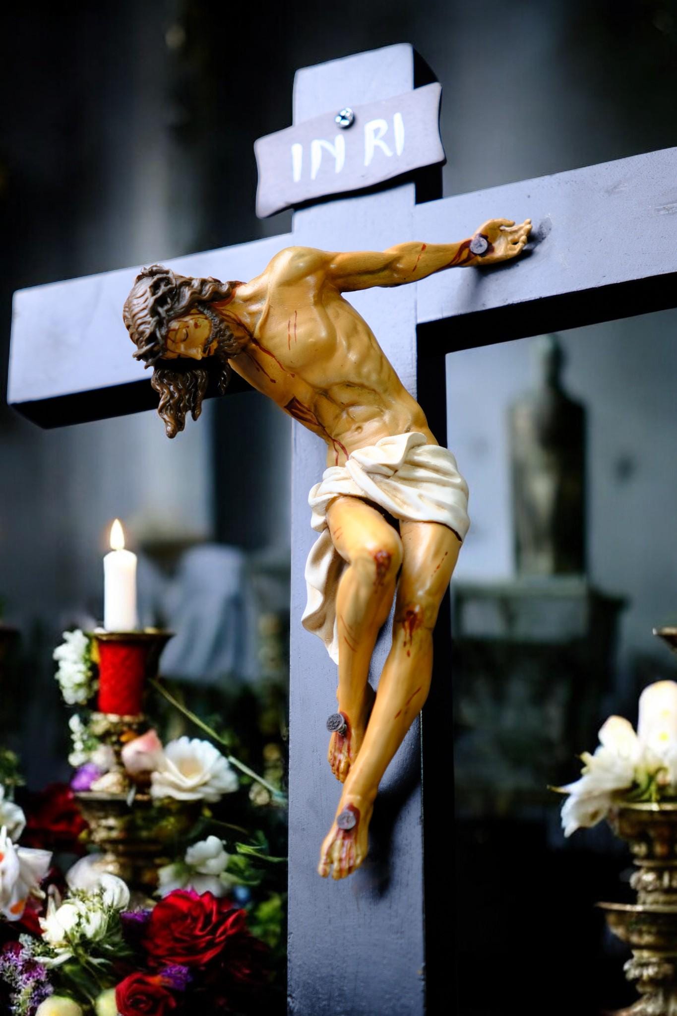 Hand-Painted Altar Crucifix: Wood Cross with Stone Resin Corpus (etsy image id: 7543598374)