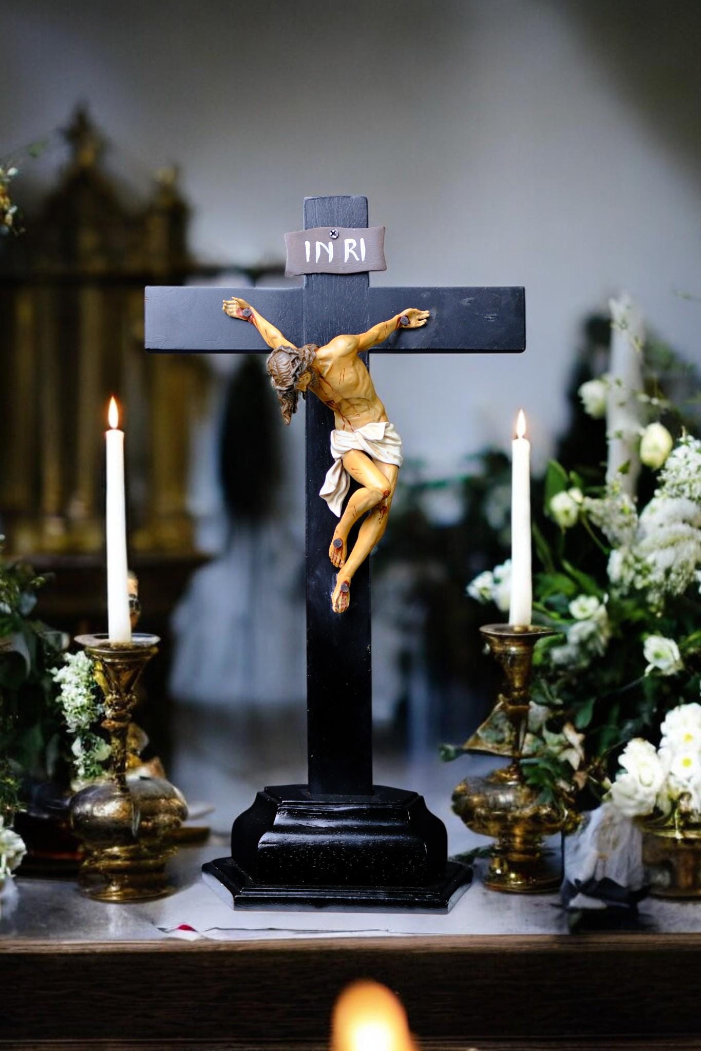 Jesus Crucifix Statue with Base | Hand Painted Catholic Cross for Home Altar Prayer Corner Religious Gift (etsy image id: 7543619874)