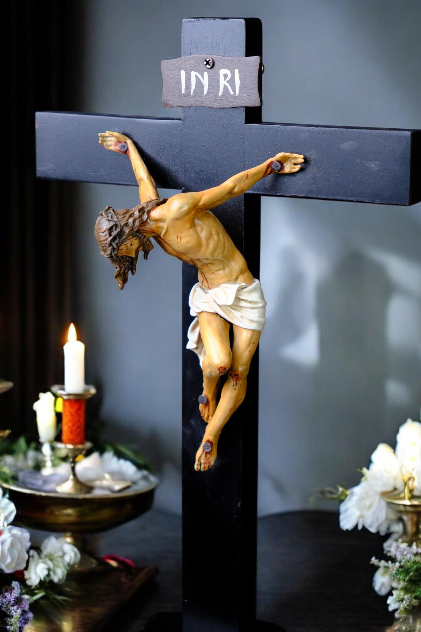 Jesus Crucifix Statue with Base | Hand Painted Catholic Cross for Home Altar Prayer Corner Religious Gift (etsy image id: 7543621138)