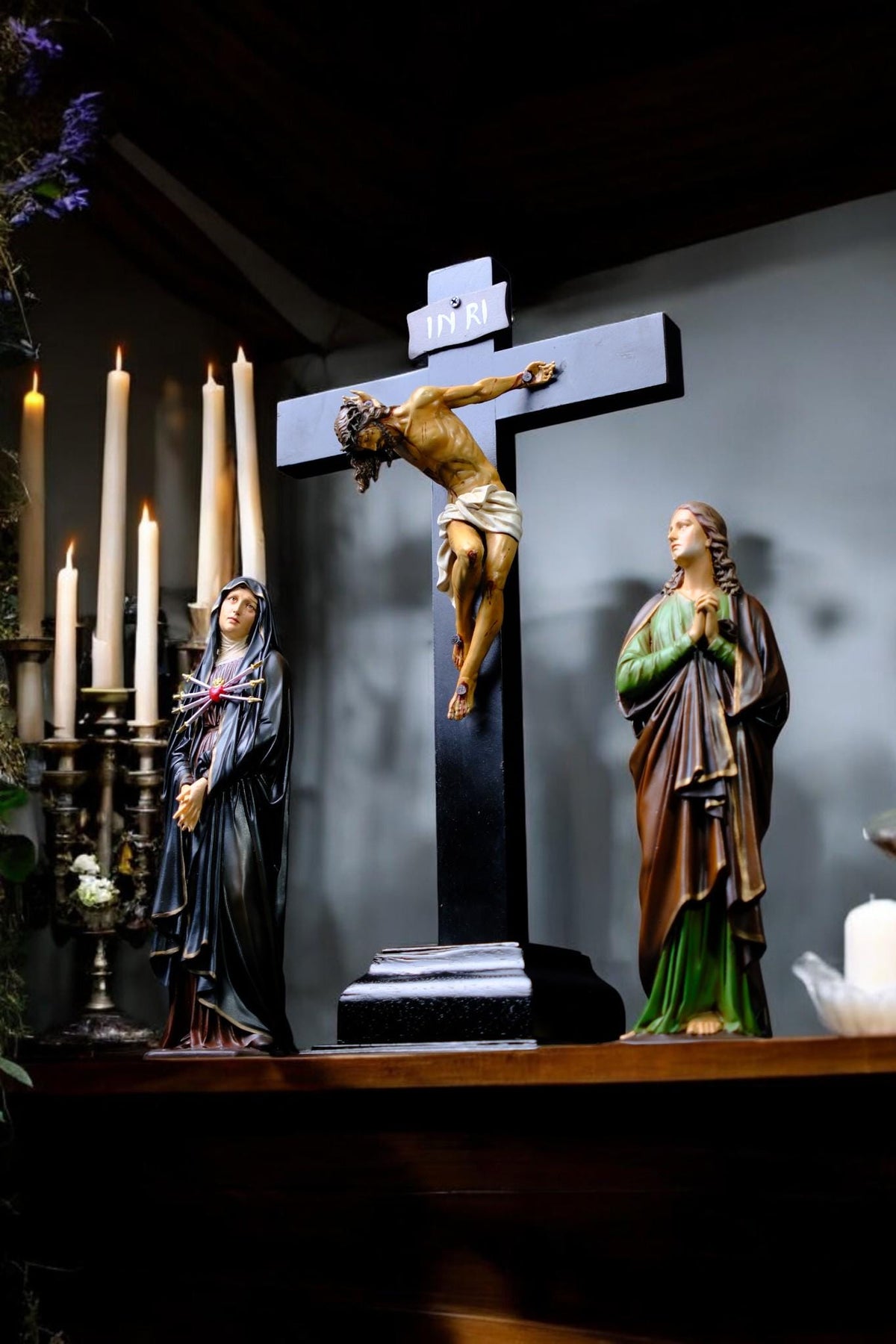 Catholic Altar Set with Jesus Crucifix Mary Sorrowful Mother Saint John Hand Painted Statues for Home Prayer __etsy:7543641640