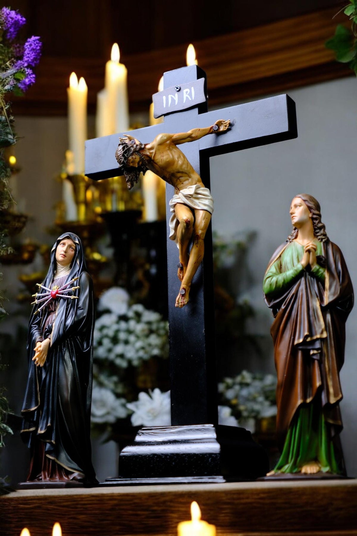 Catholic Altar Set with Jesus Crucifix Mary Sorrowful Mother Saint John Hand Painted Statues for Home Prayer __etsy:7543641666