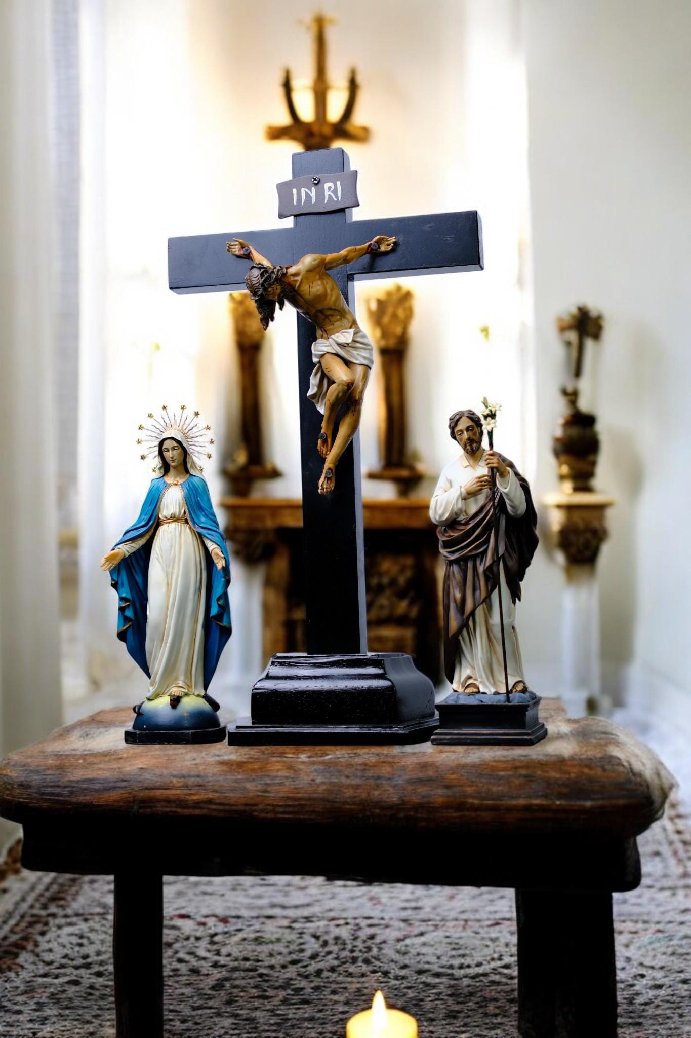 Hand-Painted Catholic Altar Set: Jesus Crucifix, Mary & Saint John Statues __etsy:7543824038