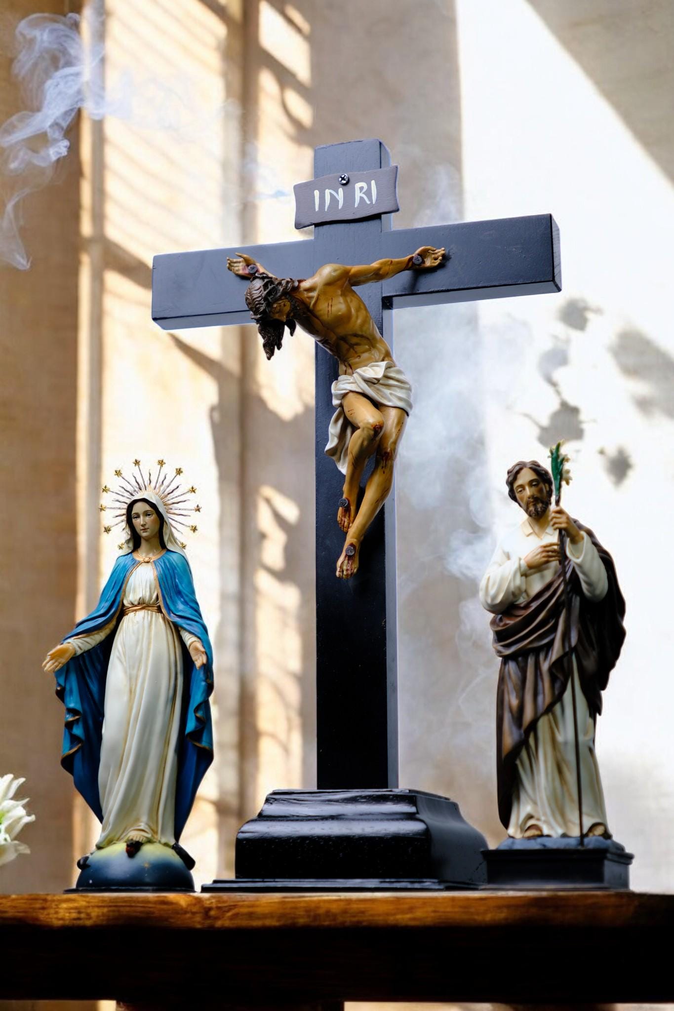 Hand-Painted Catholic Altar Set: Jesus Crucifix, Mary & Saint John Statues __etsy:7543824054