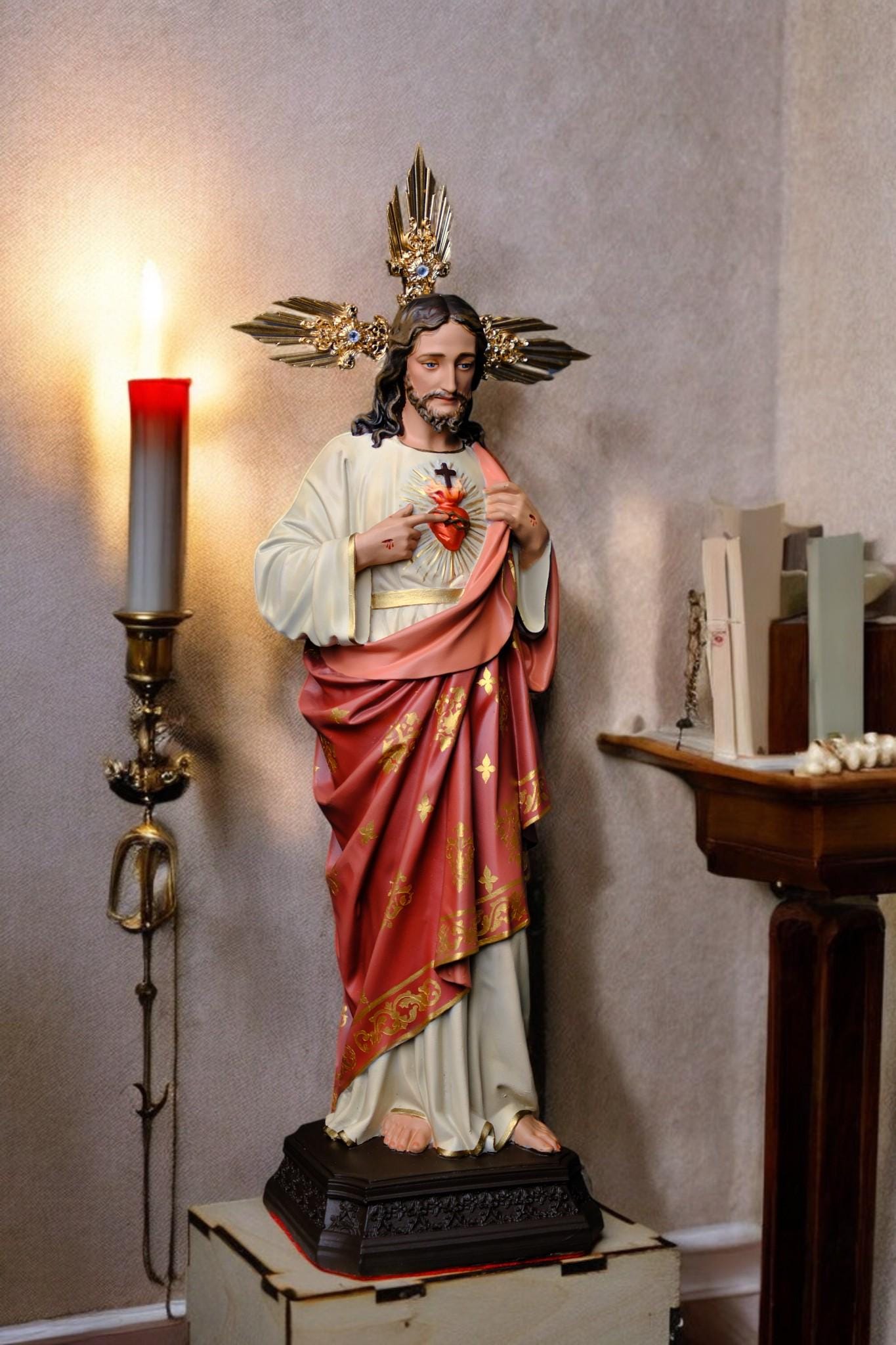 Hand-Painted Sacred Heart of Jesus Statue, Catholic Home Altar Decor, 40cm (etsy image id: 7568923192)
