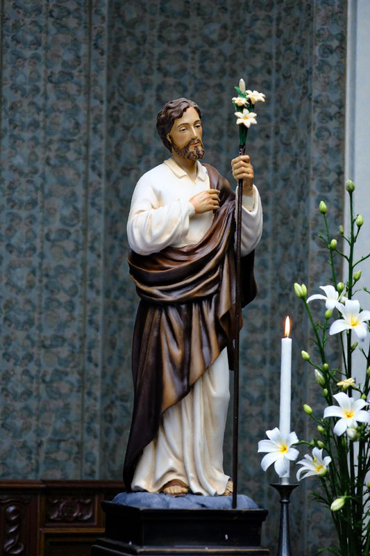 St Joseph Lily Statue 25cm | Hand Painted Catholic Saint Joseph Figurine for Home Altar Prayer Gift Decor