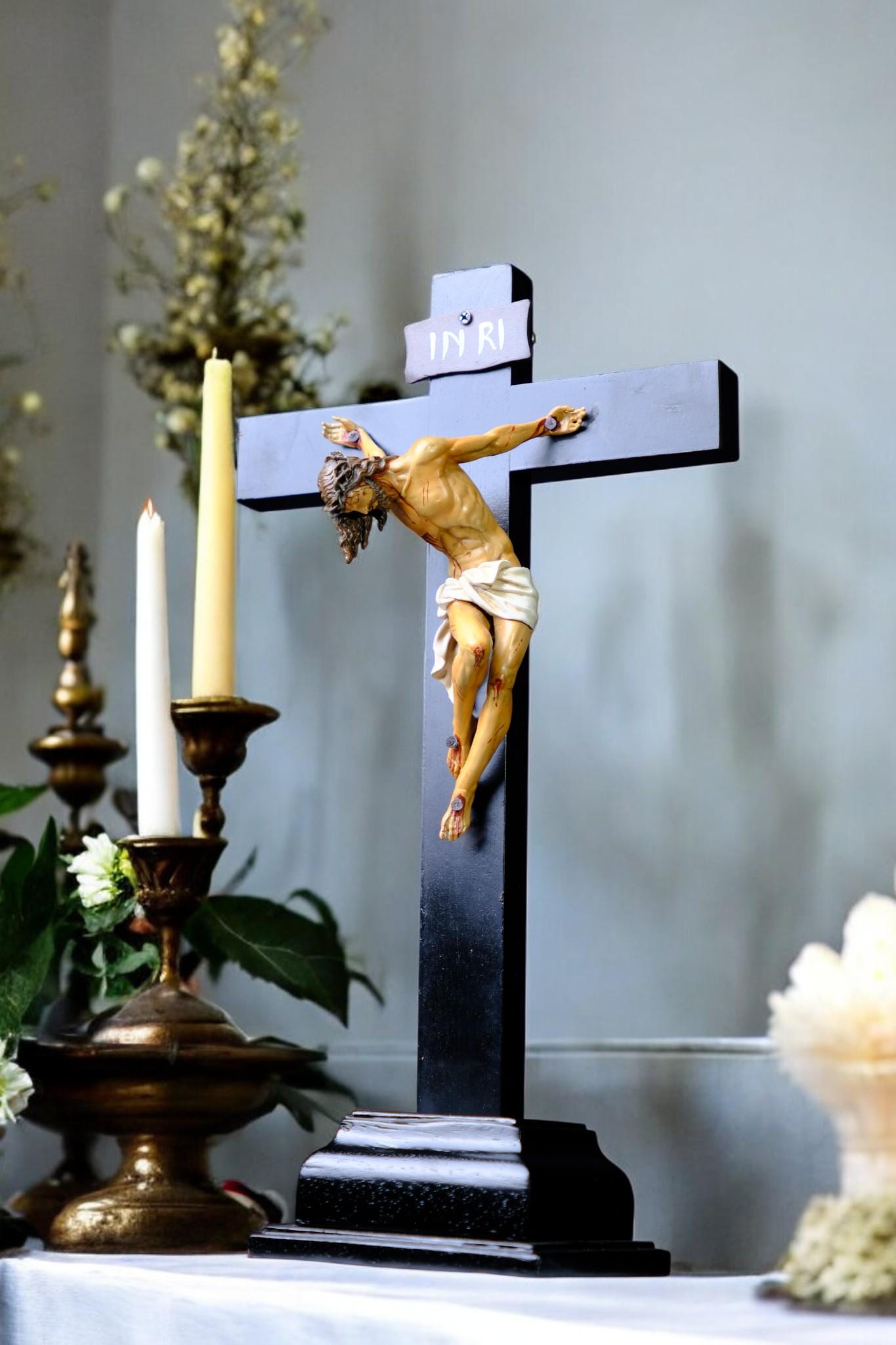 Hand-Painted Altar Crucifix: Wood Cross with Stone Resin Corpus (etsy image id: 7591535079)