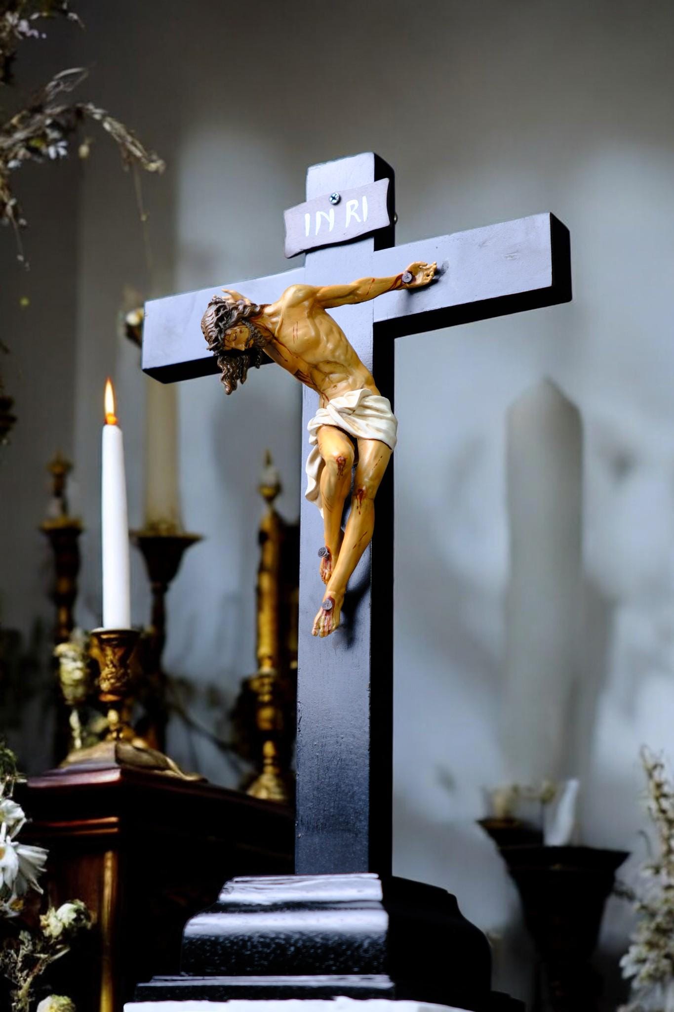Jesus Crucifix Statue with Base | Hand Painted Catholic Cross for Home Altar Prayer Corner Religious Gift (etsy image id: 7591554935)
