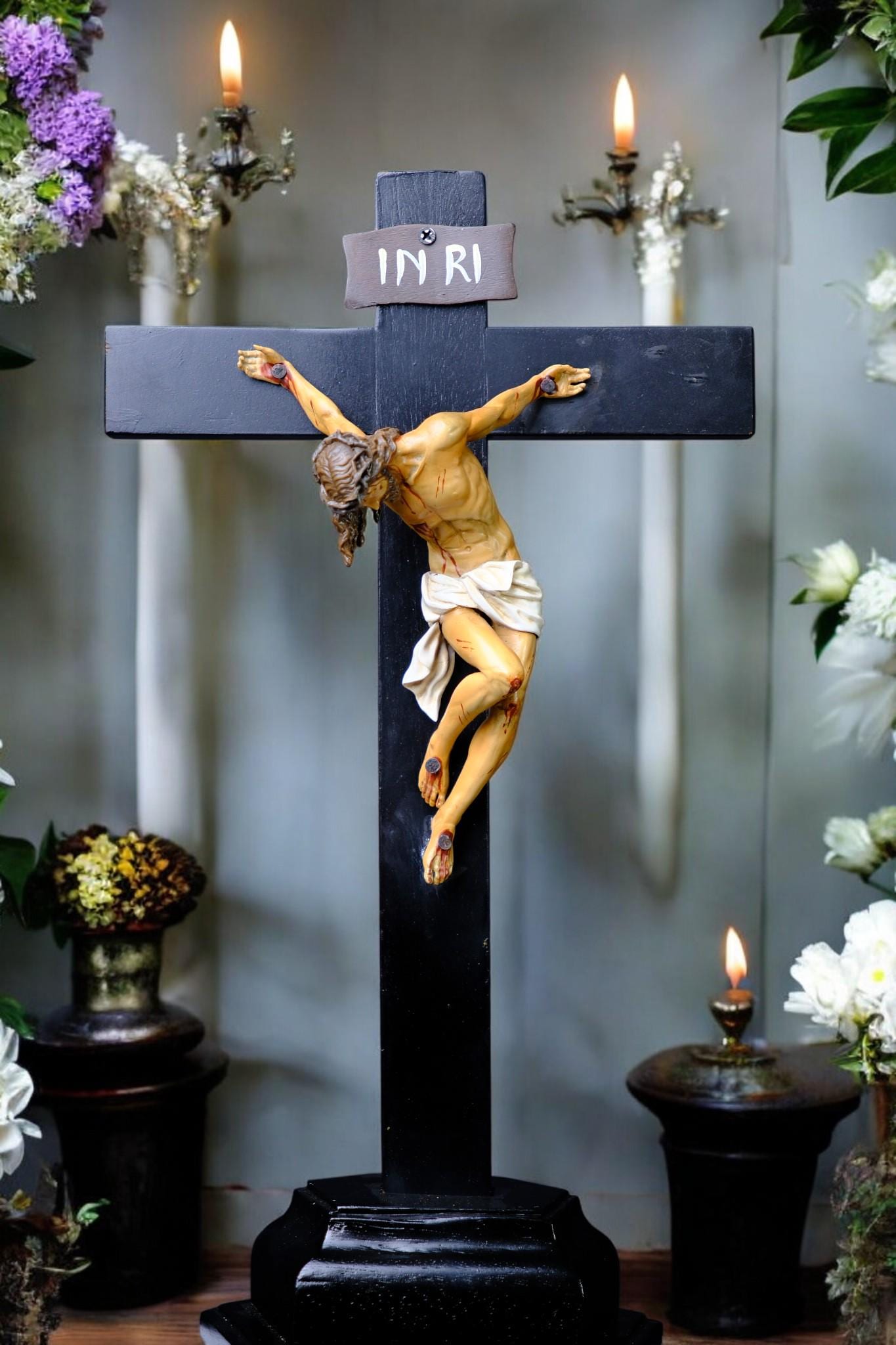 Jesus Crucifix Statue with Base | Hand Painted Catholic Cross for Home Altar Prayer Corner Religious Gift (etsy image id: 7591556099)