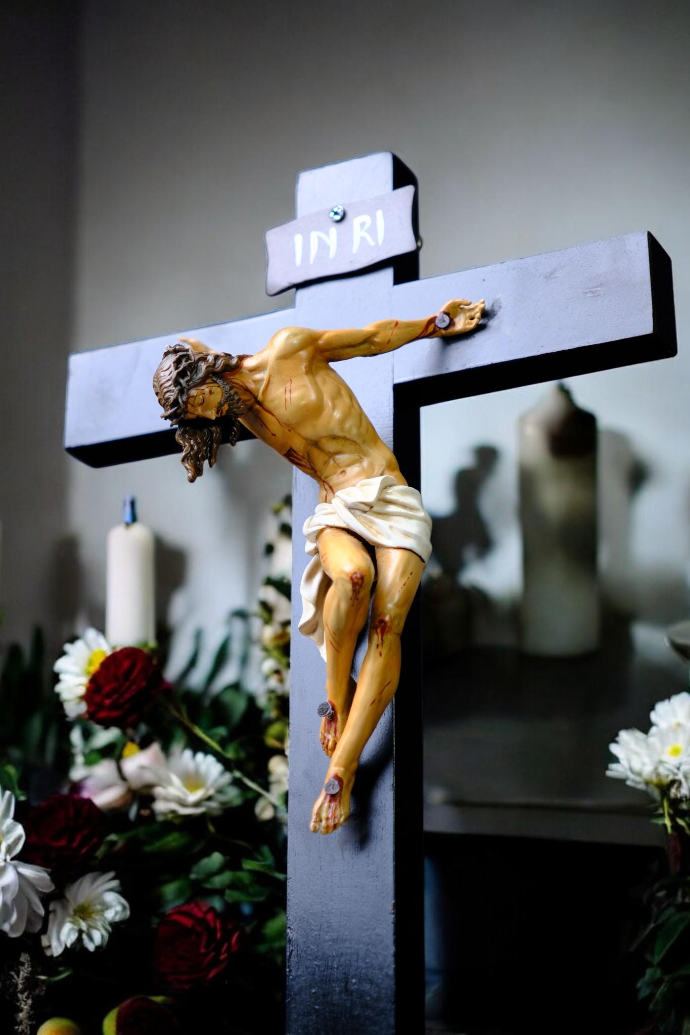 Jesus Crucifix Statue with Base | Hand Painted Catholic Cross for Home Altar Prayer Corner Religious Gift (etsy image id: 7591557249)