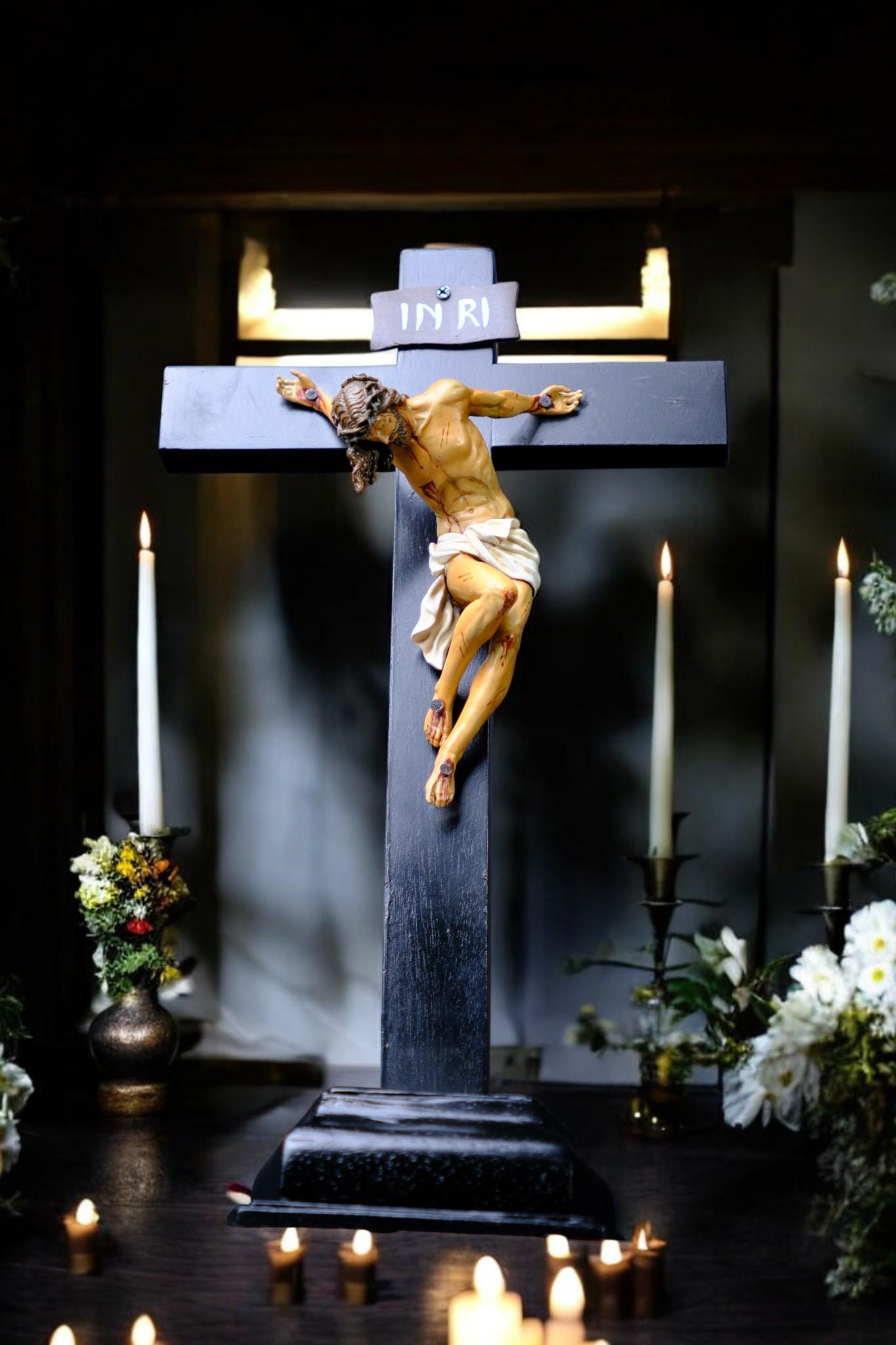 Jesus Crucifix Statue with Base | Hand Painted Catholic Cross for Home Altar Prayer Corner Religious Gift (etsy image id: 7591557261)