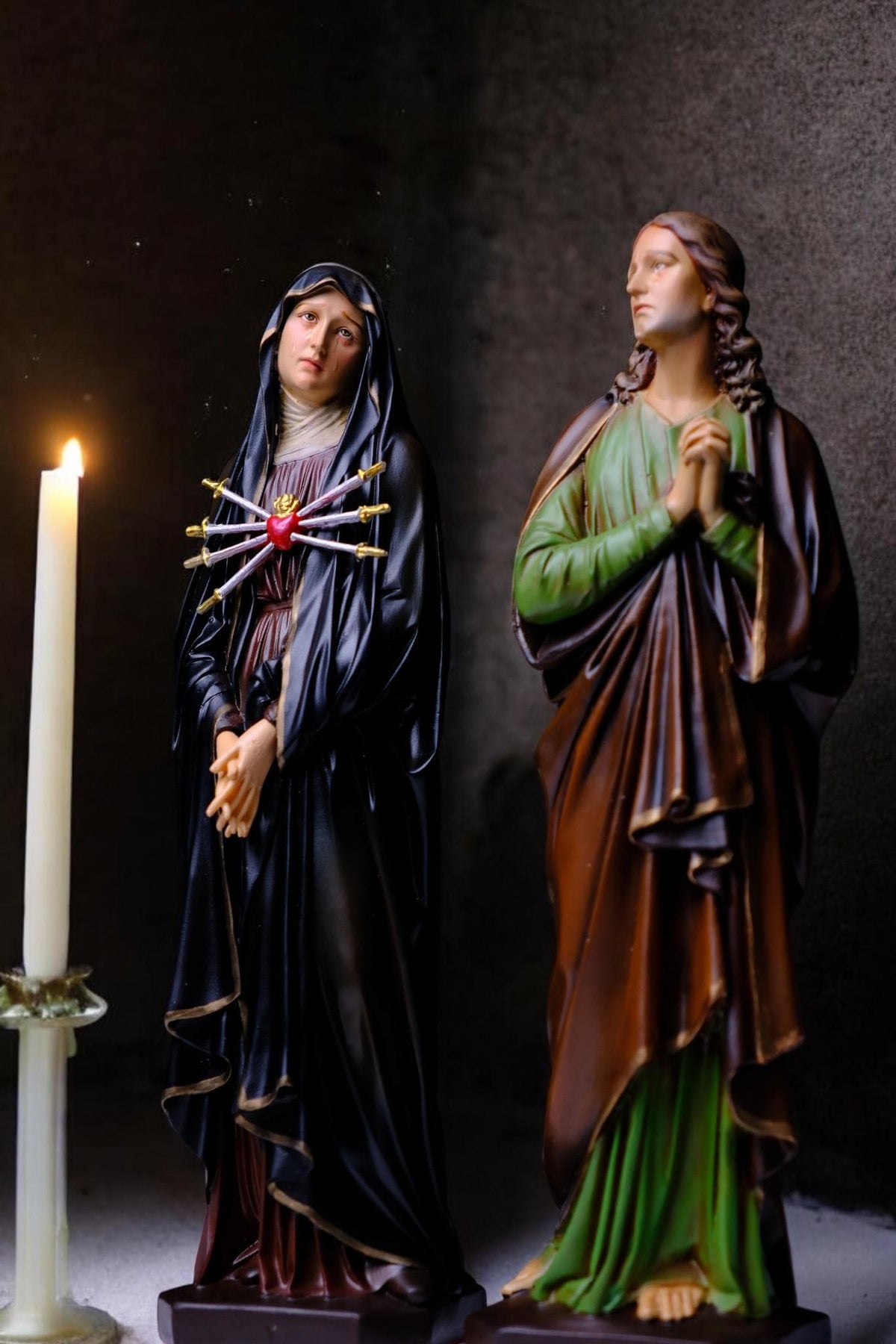 Catholic Altar Set with Jesus Crucifix Mary Sorrowful Mother Saint John Hand Painted Statues for Home Prayer __etsy:7591581435