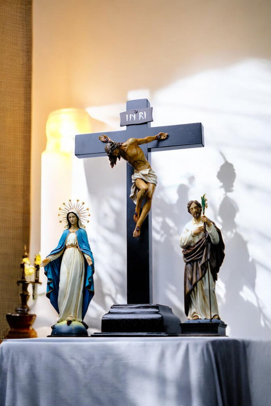 Hand-Painted Catholic Altar Set: Jesus Crucifix, Mary & Saint John Statues