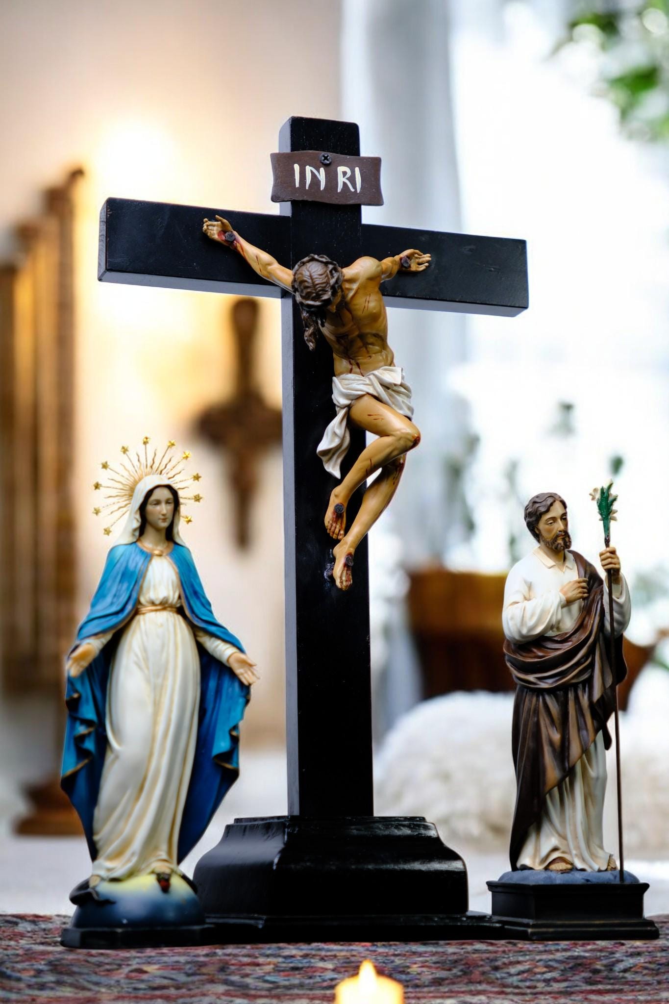 Hand-Painted Catholic Altar Set: Jesus Crucifix, Mary & Saint John Statues __etsy:7591761843