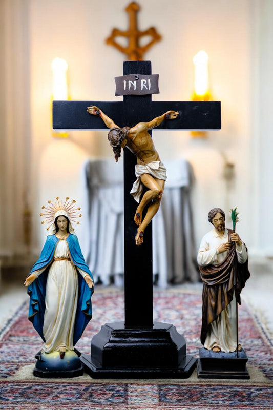 Hand-Painted Catholic Altar Set: Jesus Crucifix, Mary & Saint John Statues __etsy:7591761863