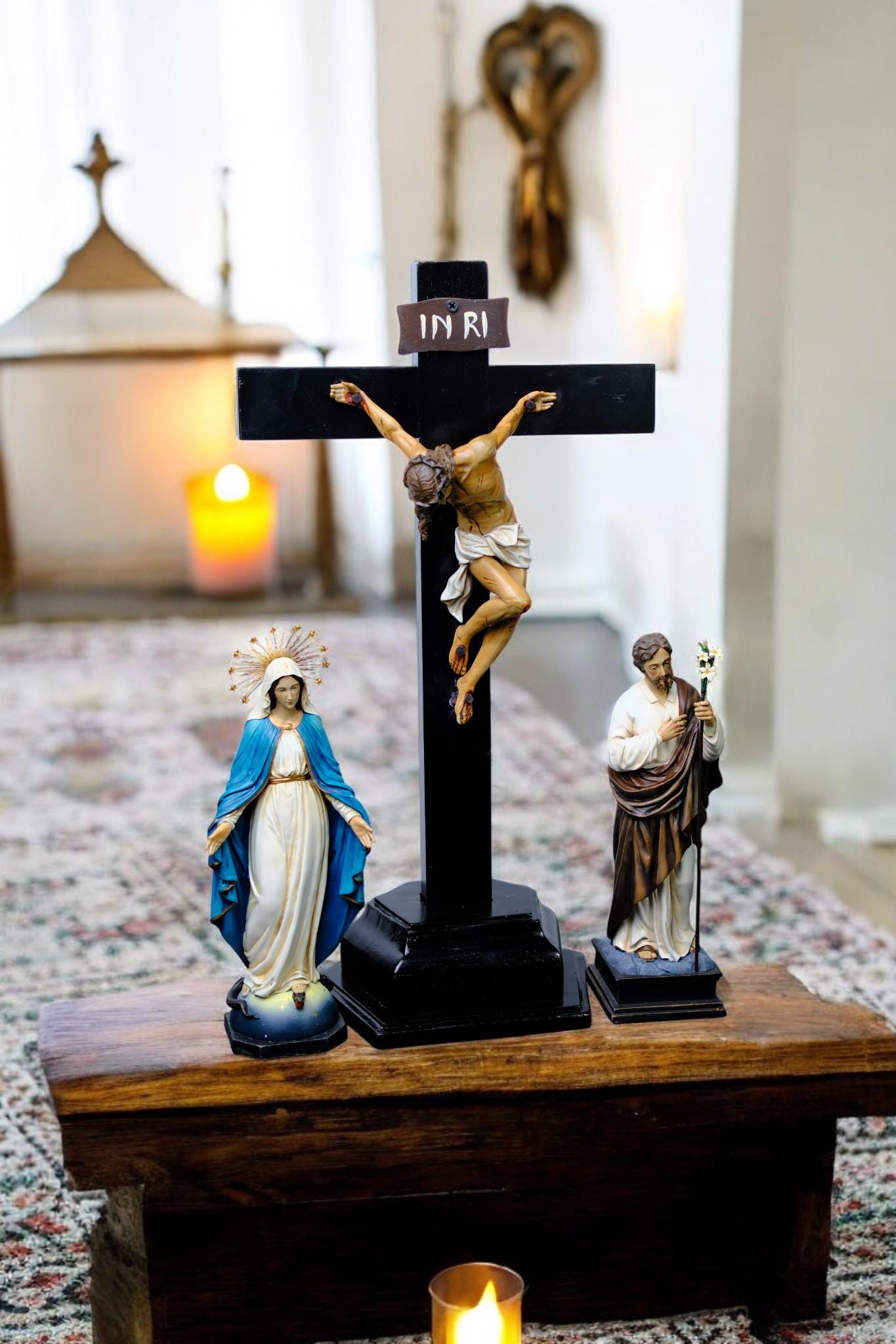 Hand-Painted Catholic Altar Set: Jesus Crucifix, Mary & Saint John Statues __etsy:7591761869