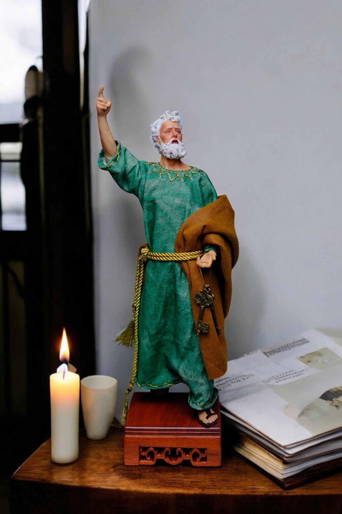 Handmade Saint Peter Statue - 35cm Catholic Figurine with Real Fabric Robe (etsy image id: 7603584564)