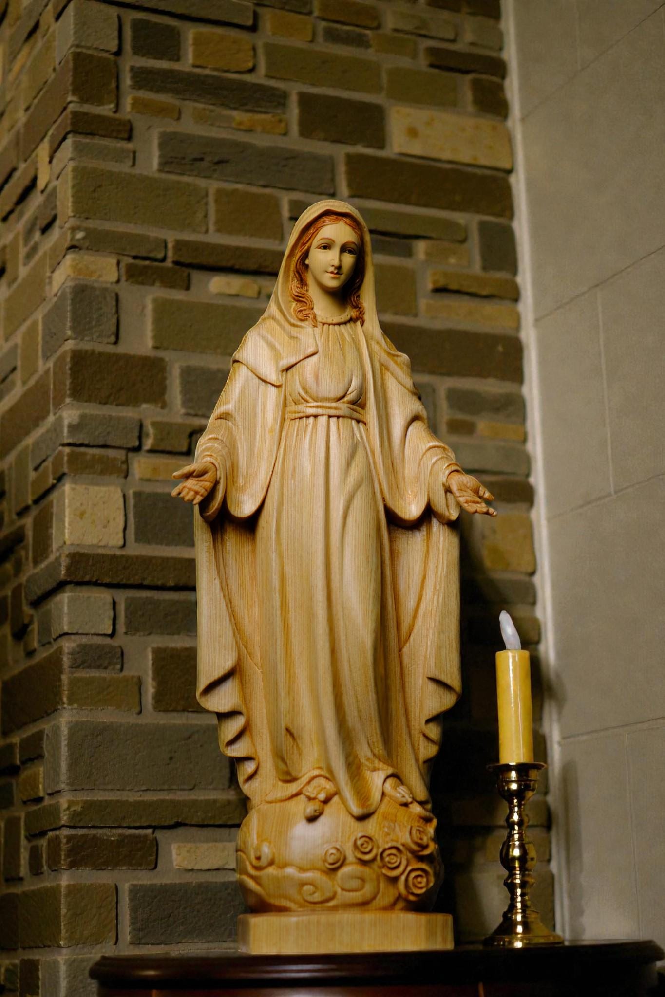 Hand Carved Wooden Our Lady of Grace Statue, Catholic Home Altar Decor (40cm/15.7in) (etsy image id: 7607238478)