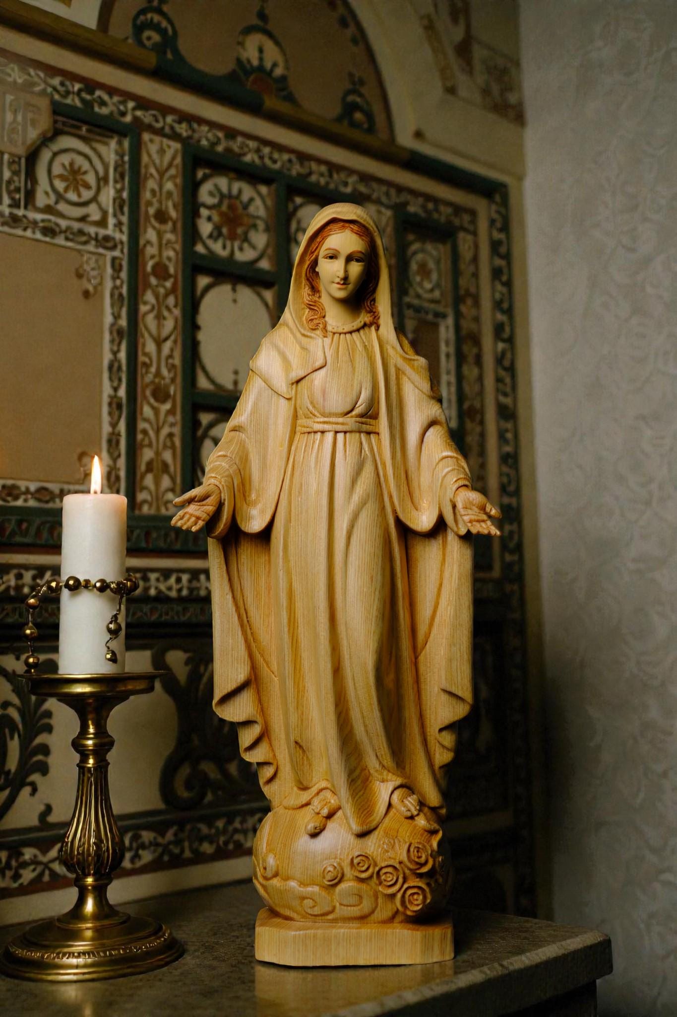 Hand Carved Wooden Our Lady of Grace Statue, Catholic Home Altar Decor (40cm/15.7in) (etsy image id: 7607246106)