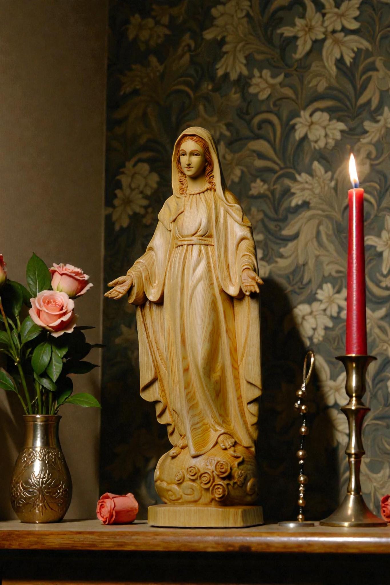 Hand Carved Wooden Our Lady of Grace Statue, Catholic Home Altar Decor (40cm/15.7in) (etsy image id: 7607246634)