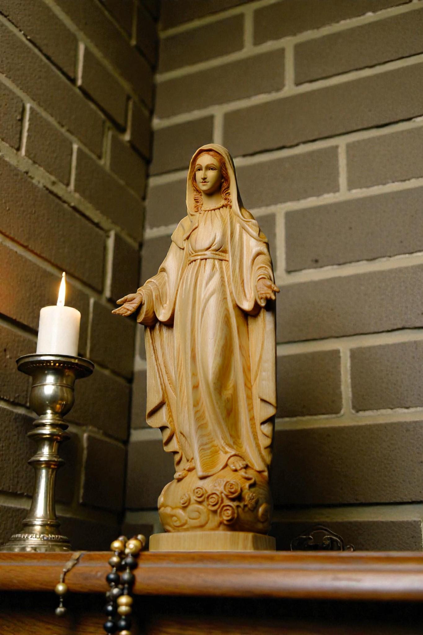Hand Carved Wooden Our Lady of Grace Statue, Catholic Home Altar Decor (40cm/15.7in) (etsy image id: 7607246652)