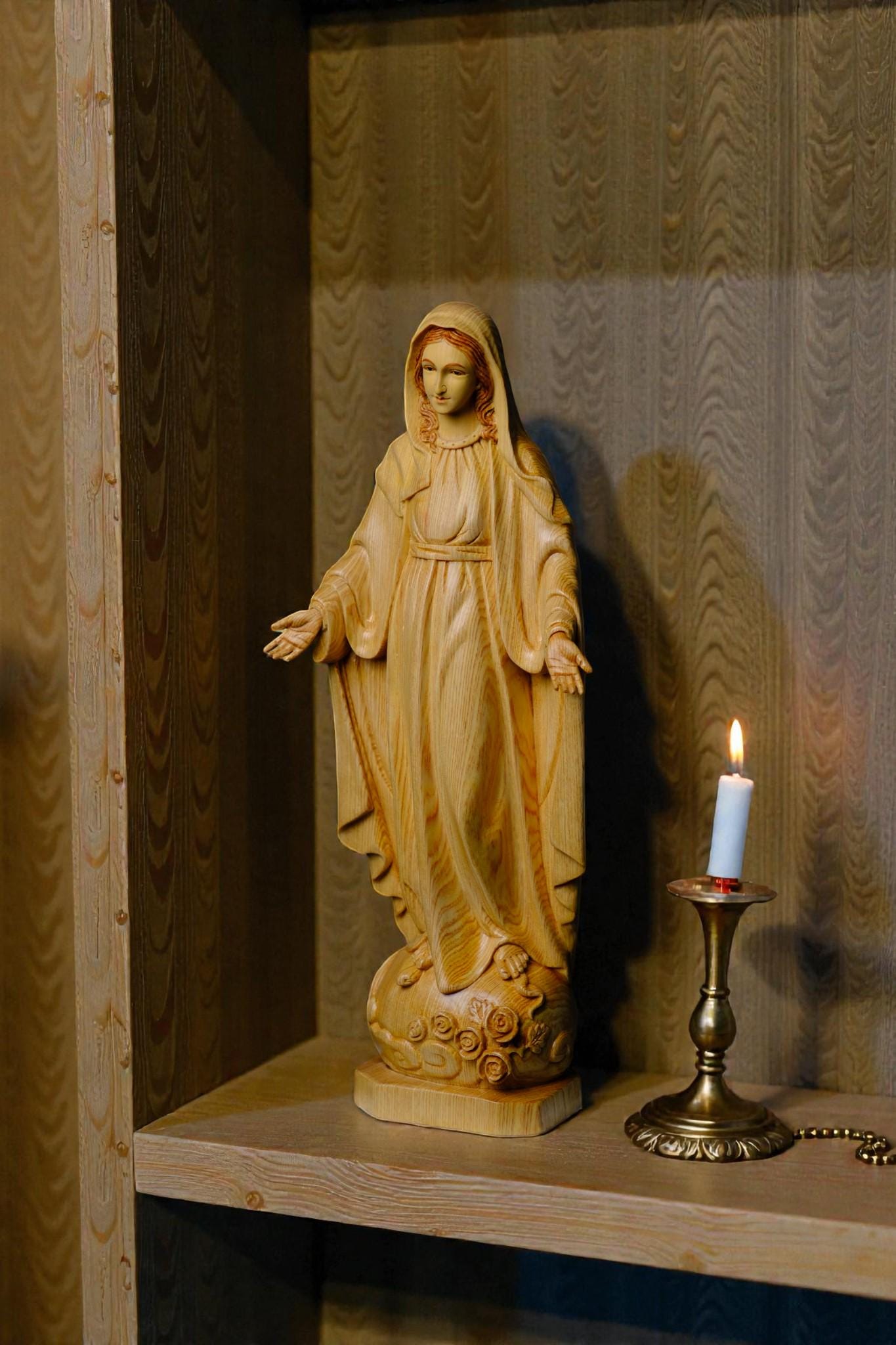 Hand Carved Wooden Our Lady of Grace Statue, Catholic Home Altar Decor (40cm/15.7in) (etsy image id: 7607252894)