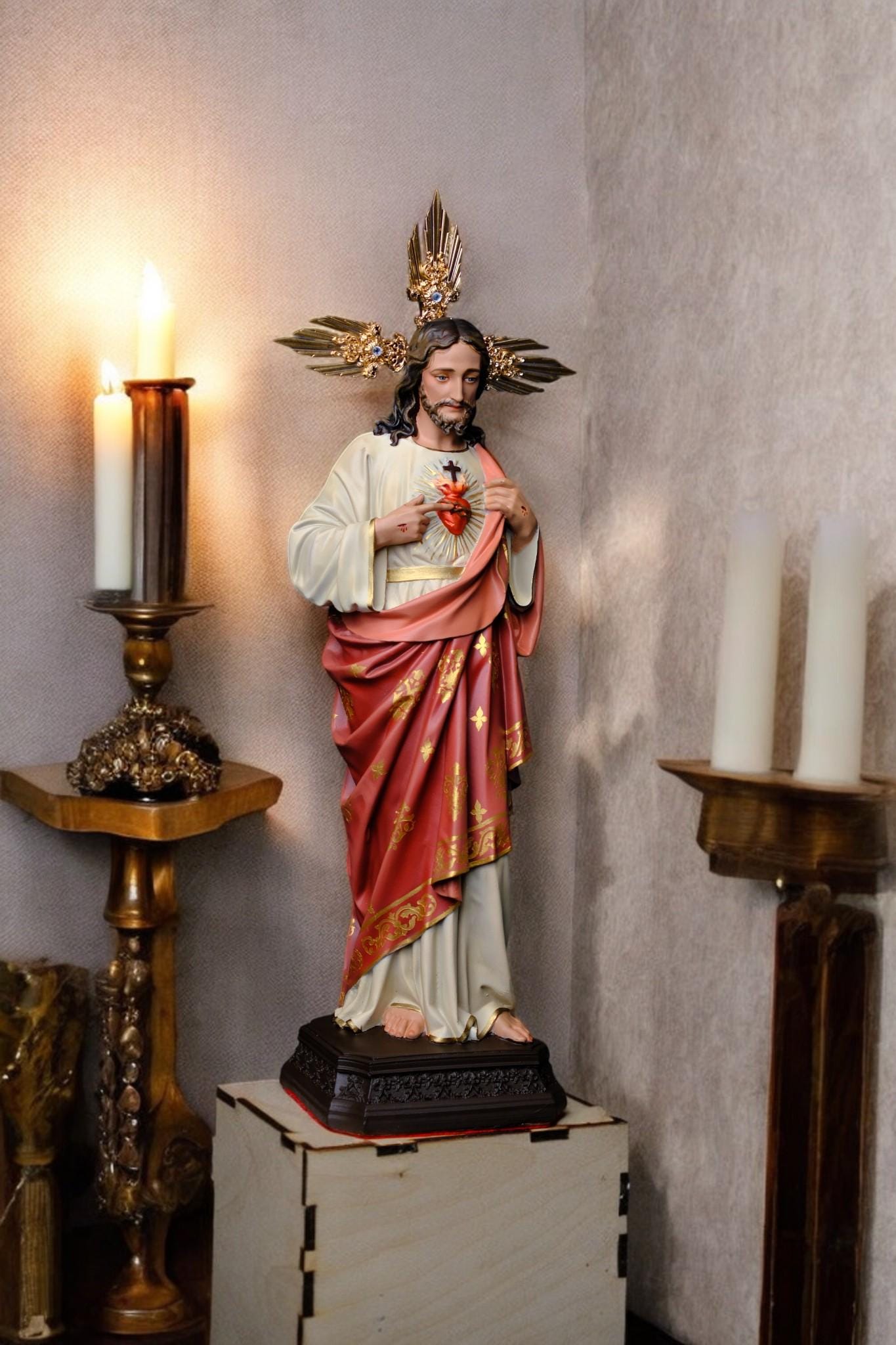 Hand-Painted Sacred Heart of Jesus Statue, Catholic Home Altar Decor, 40cm (etsy image id: 7616882659)
