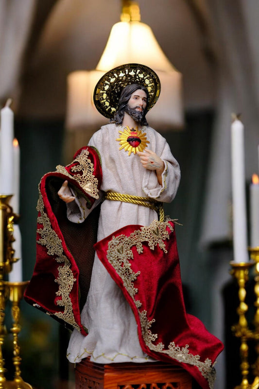Handcrafted Sacred Heart of Jesus Statue, Catholic Clothed Figurine (35cm)