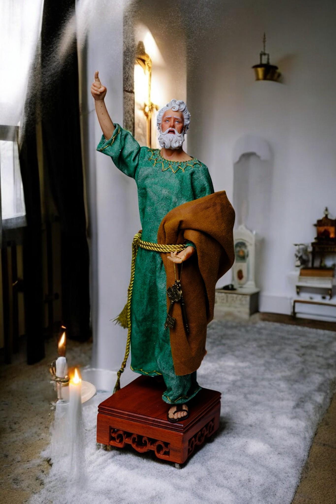 Handmade Saint Peter Statue - 35cm Catholic Figurine with Real Fabric Robe (etsy image id: 7651530361)