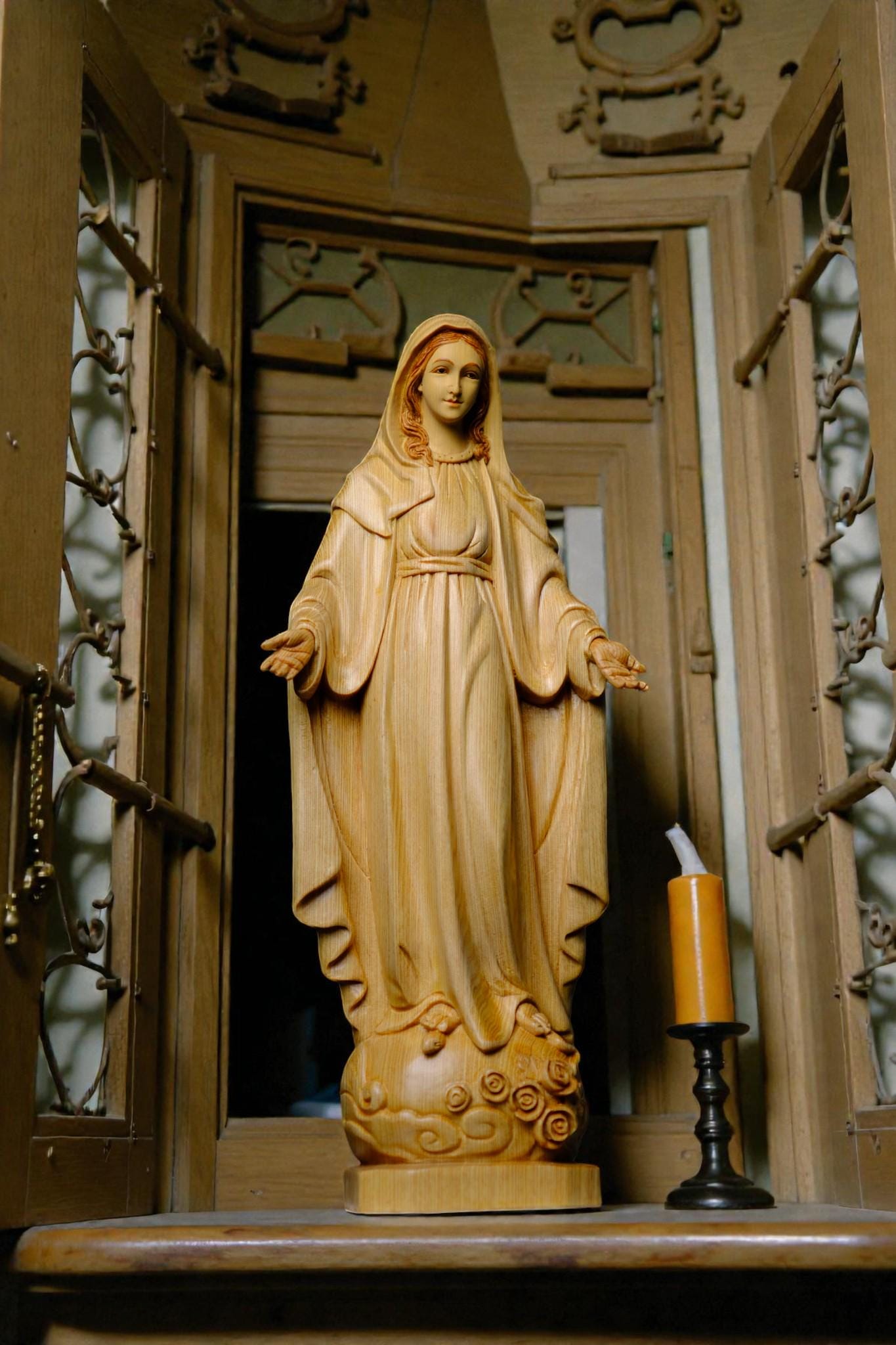 Hand Carved Wooden Our Lady of Grace Statue, Catholic Home Altar Decor (40cm/15.7in) (etsy image id: 7655181531)