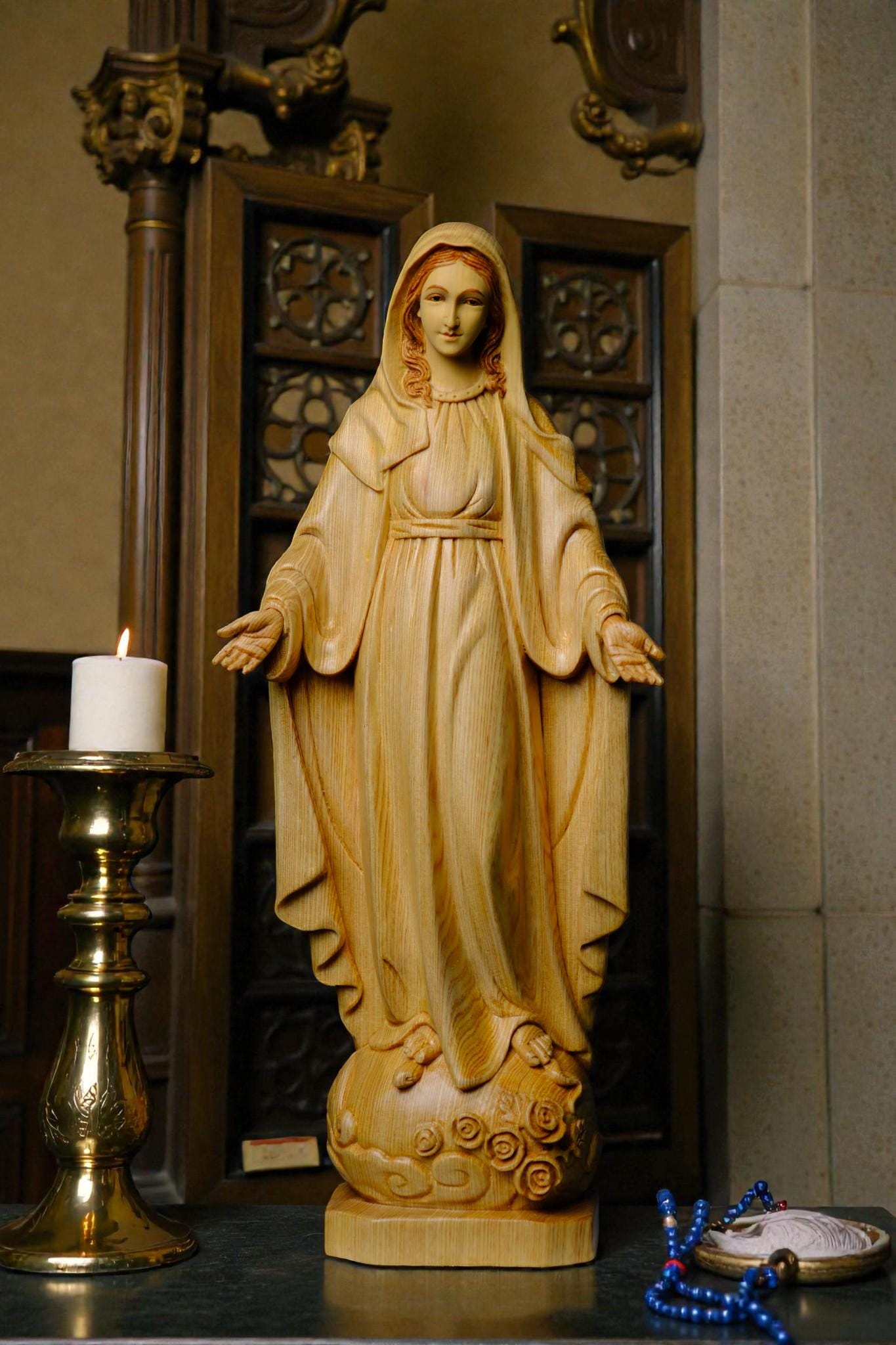 Hand Carved Wooden Our Lady of Grace Statue, Catholic Home Altar Decor (40cm/15.7in) (etsy image id: 7655187377)
