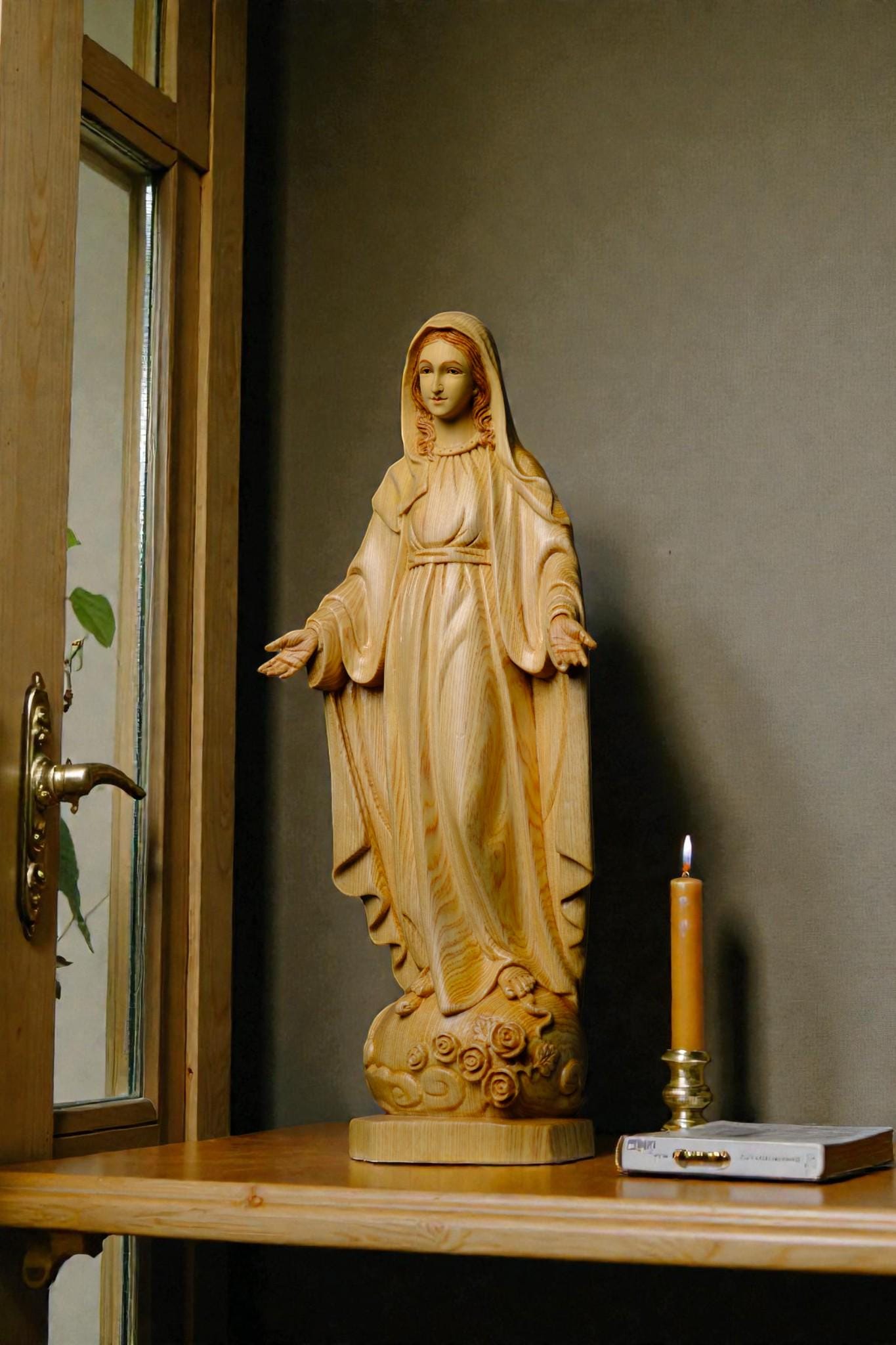 Hand Carved Wooden Our Lady of Grace Statue, Catholic Home Altar Decor (40cm/15.7in) (etsy image id: 7655187889)