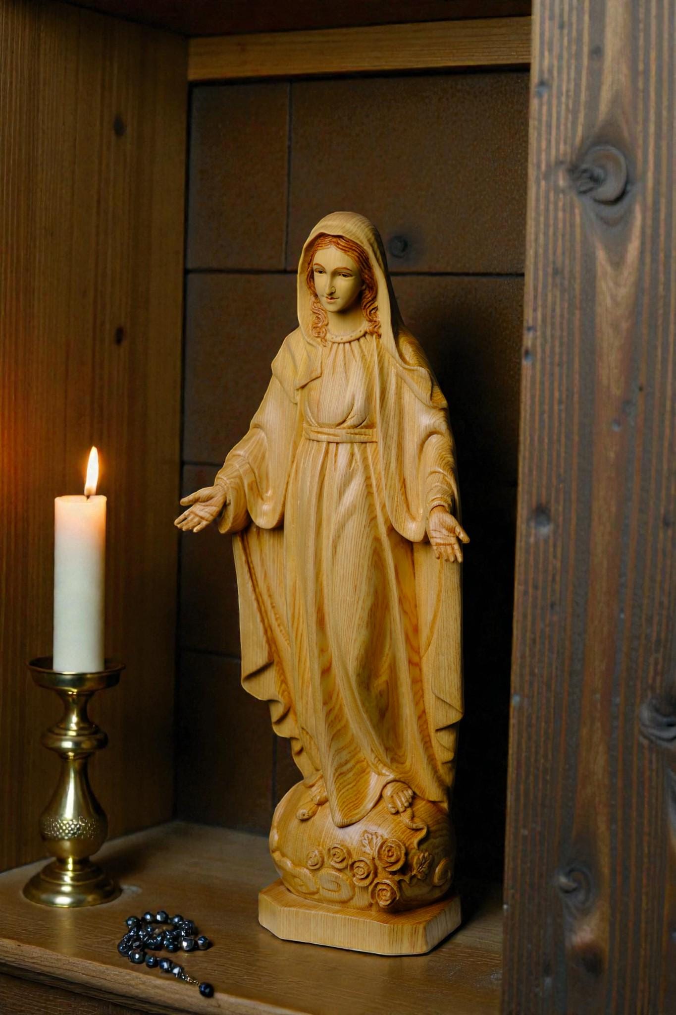 Hand Carved Wooden Our Lady of Grace Statue, Catholic Home Altar Decor (40cm/15.7in) (etsy image id: 7655194235)