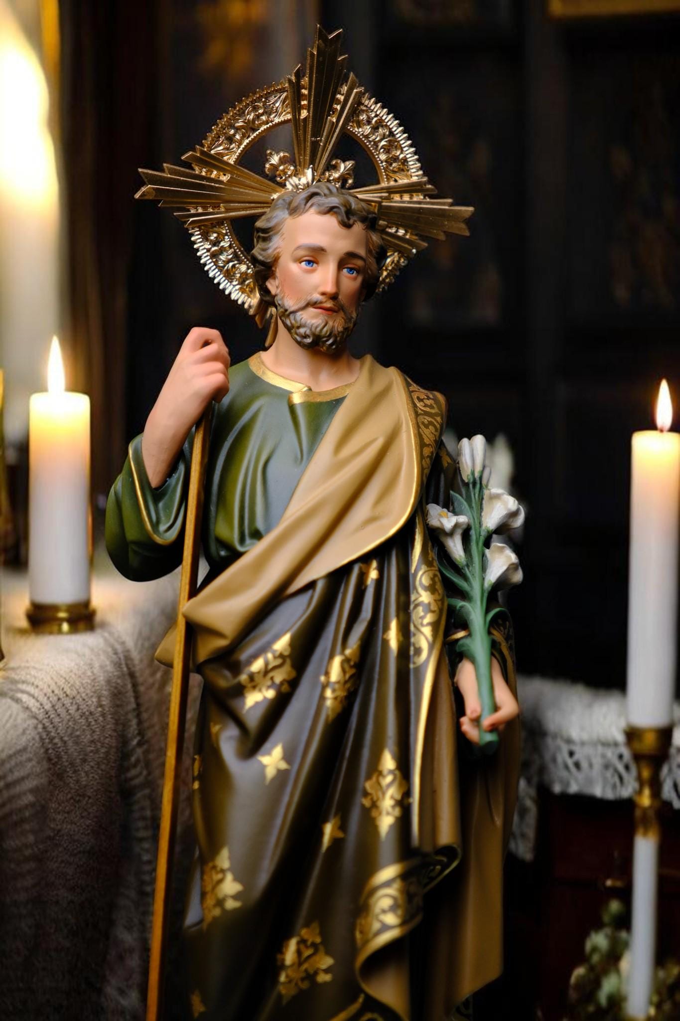 Hand-Painted Saint Joseph Lily Statue (40cm) | Catholic Home Decor (etsy image id: 7683513385)