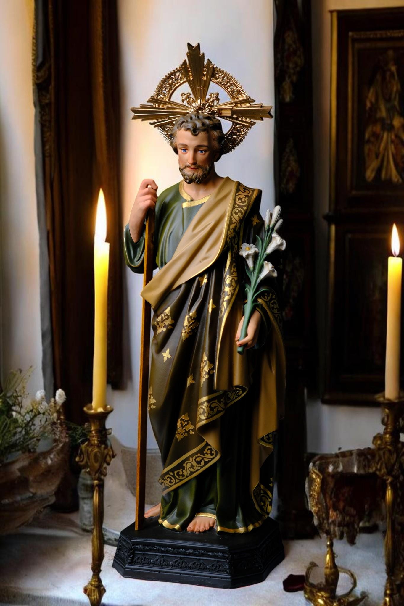 Hand-Painted Saint Joseph Lily Statue (40cm) | Catholic Home Decor (etsy image id: 7683513391)