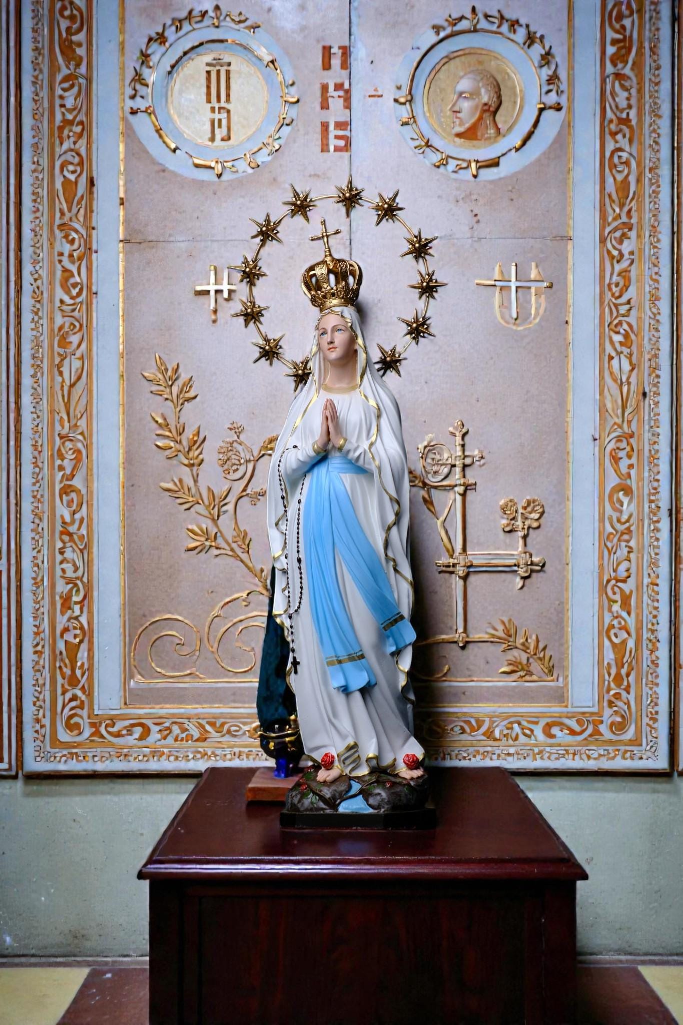 Our Lady of Lourdes Statue 30cm Catholic Home Altar Decor (Stone Powder, Metal Halo) (etsy image id: 7828604482)