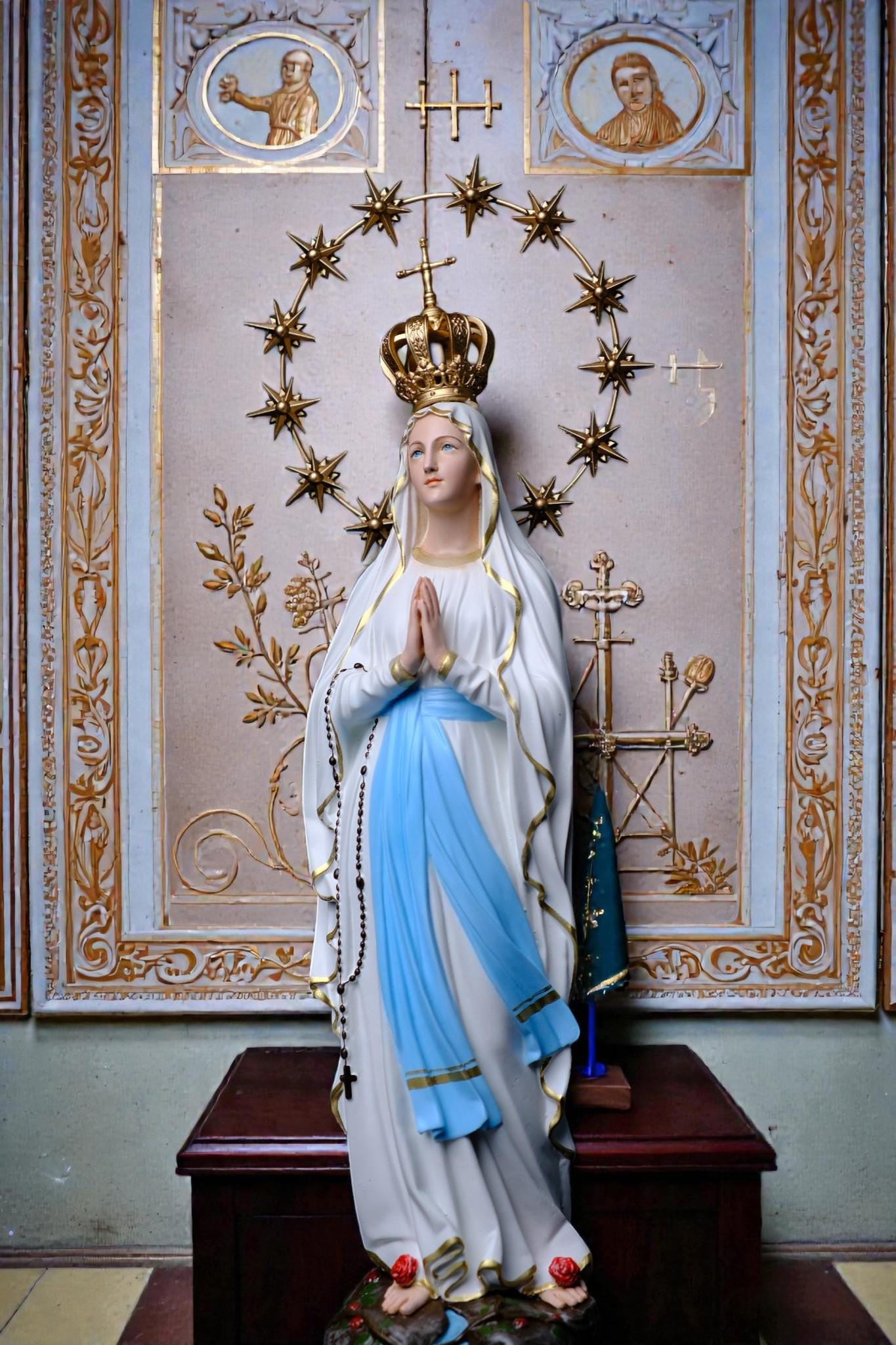 Our Lady of Lourdes Statue 30cm Catholic Home Altar Decor (Stone Powder, Metal Halo) (etsy image id: 7828604484)