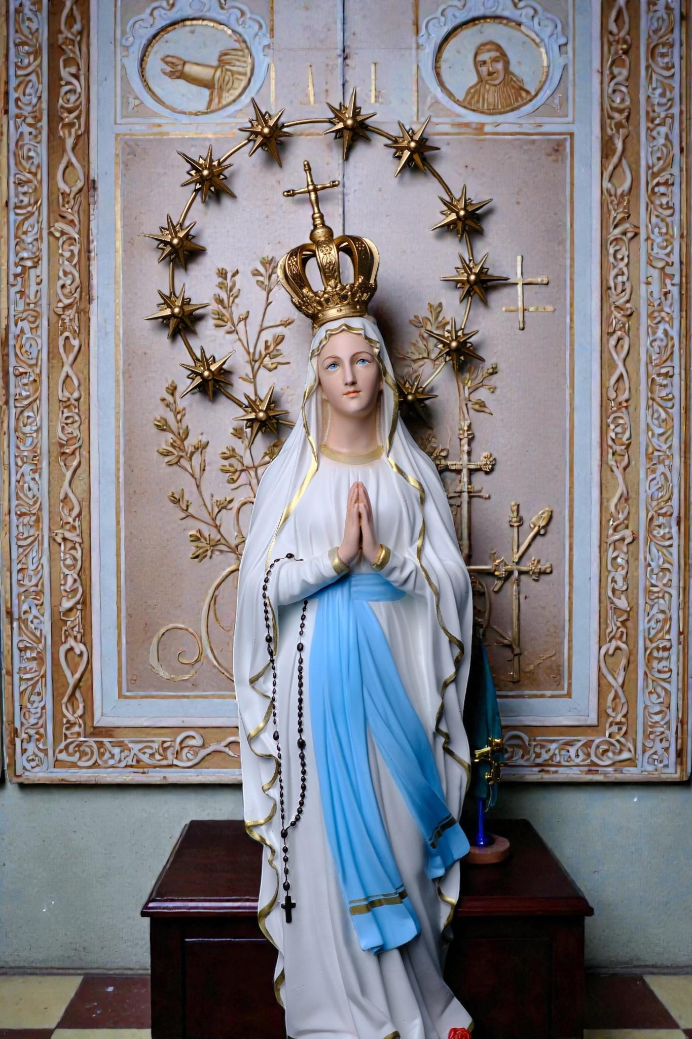 Our Lady of Lourdes Statue 30cm Catholic Home Altar Decor (Stone Powder, Metal Halo) (etsy image id: 7828605538)