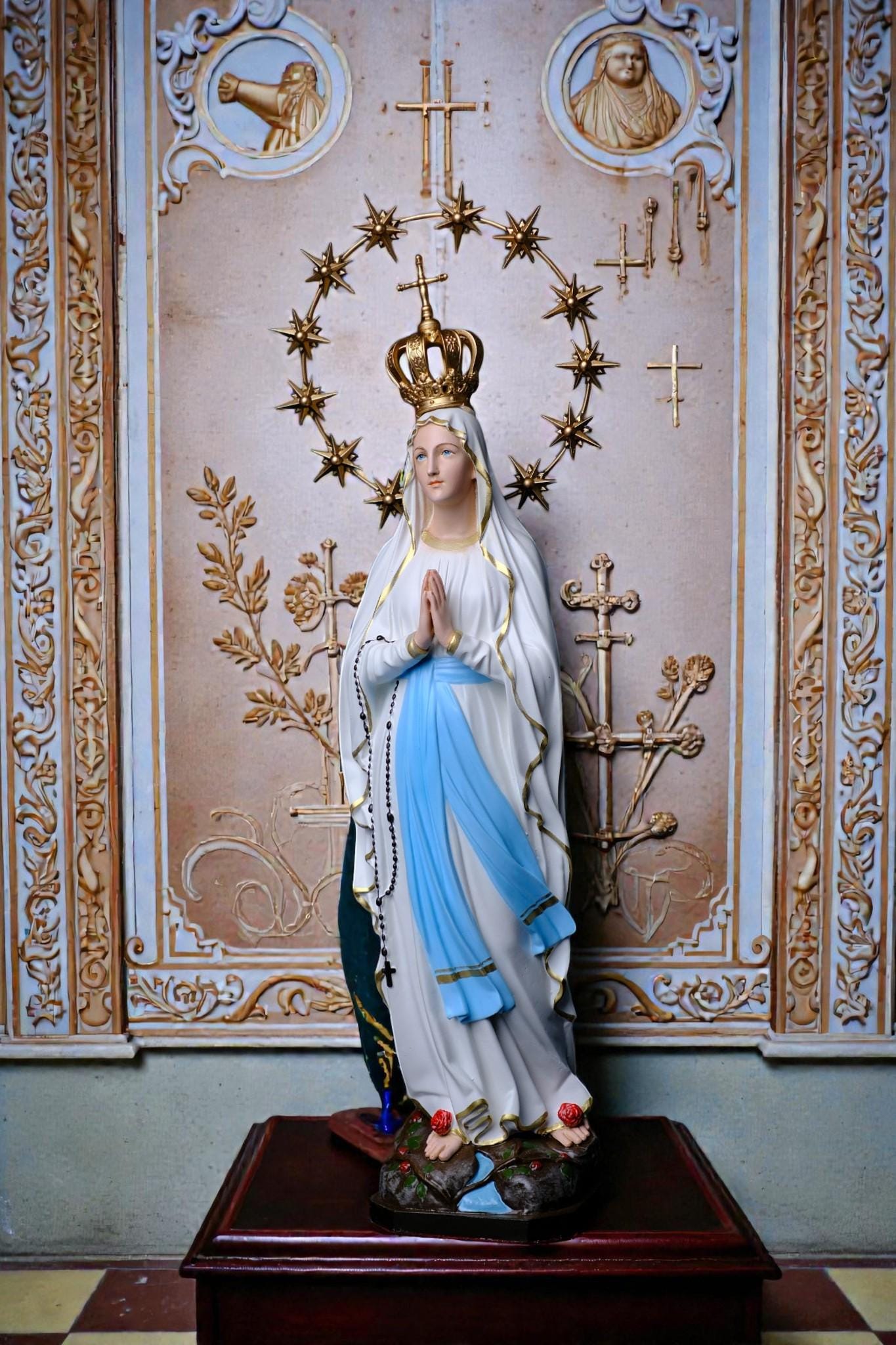 Our Lady of Lourdes Statue 30cm Catholic Home Altar Decor (Stone Powder, Metal Halo) (etsy image id: 7828605584)