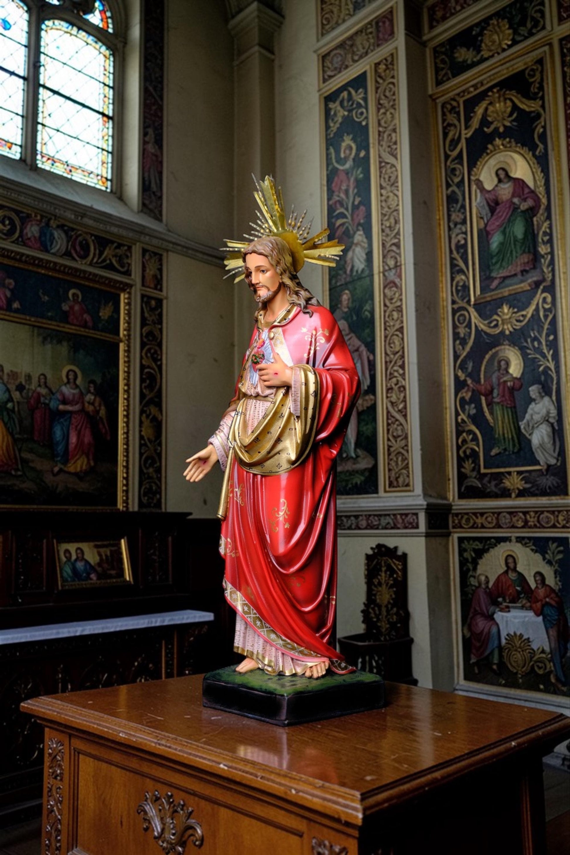 Hand-Painted Sacred Heart of Jesus Statue, 40cm Catholic Home Altar Decor, Antique Finish Figure (etsy image id: 7838439476)