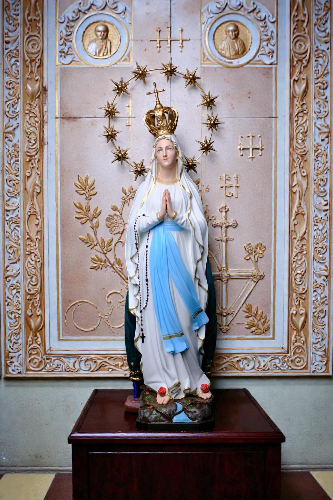 Our Lady of Lourdes Statue 30cm Catholic Home Altar Decor (Stone Powder, Metal Halo) (etsy image id: 7876557487)