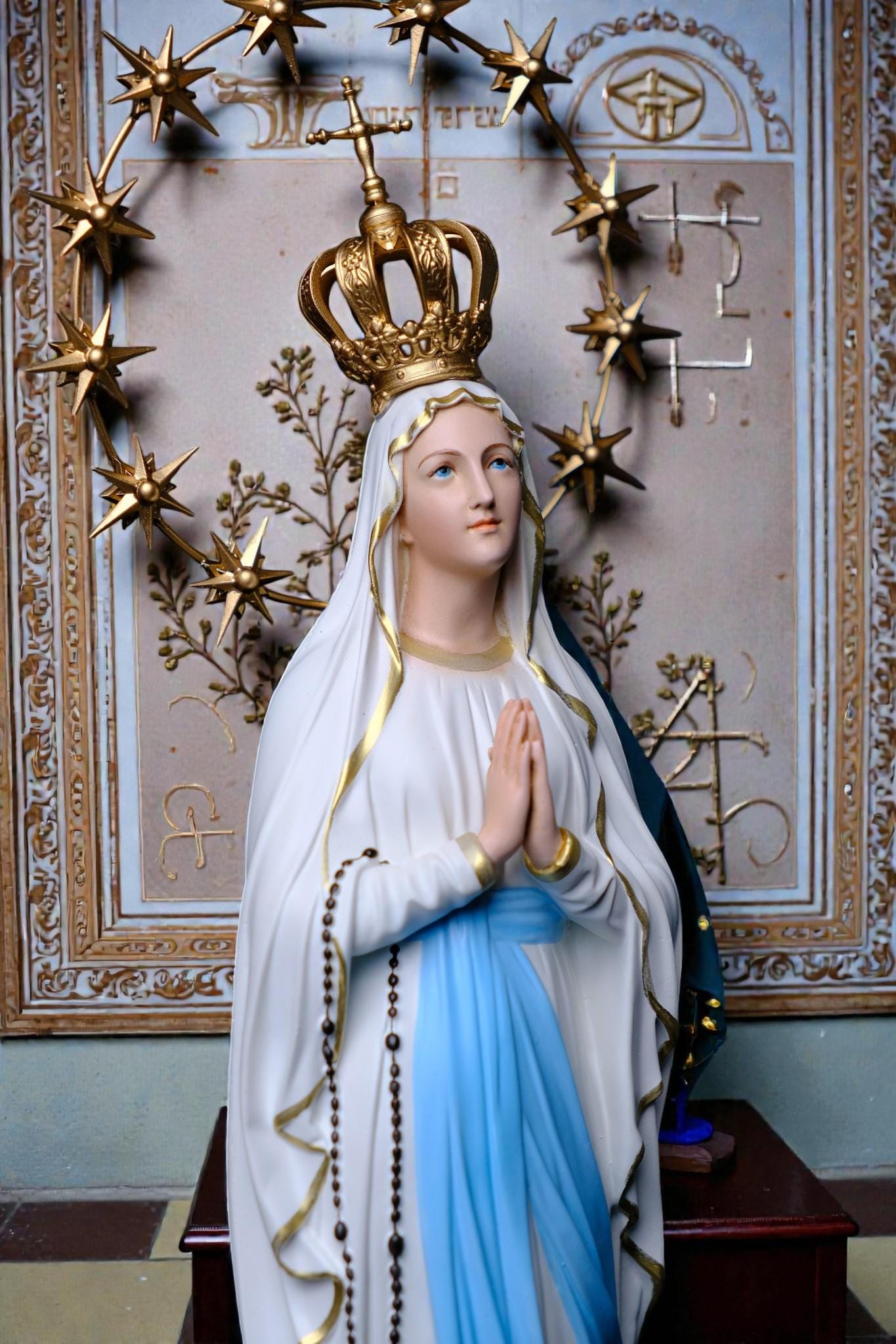 Our Lady of Lourdes Statue 30cm Catholic Home Altar Decor (Stone Powder, Metal Halo) (etsy image id: 7876558529)
